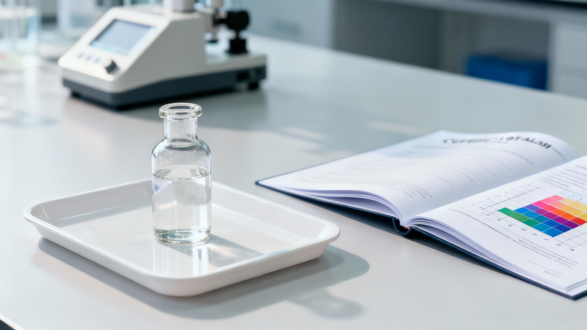 Eine Flasche mit Flüssigkeit auf einem Tablett und ein offenes Buch mit Diagrammen in einem Labor.