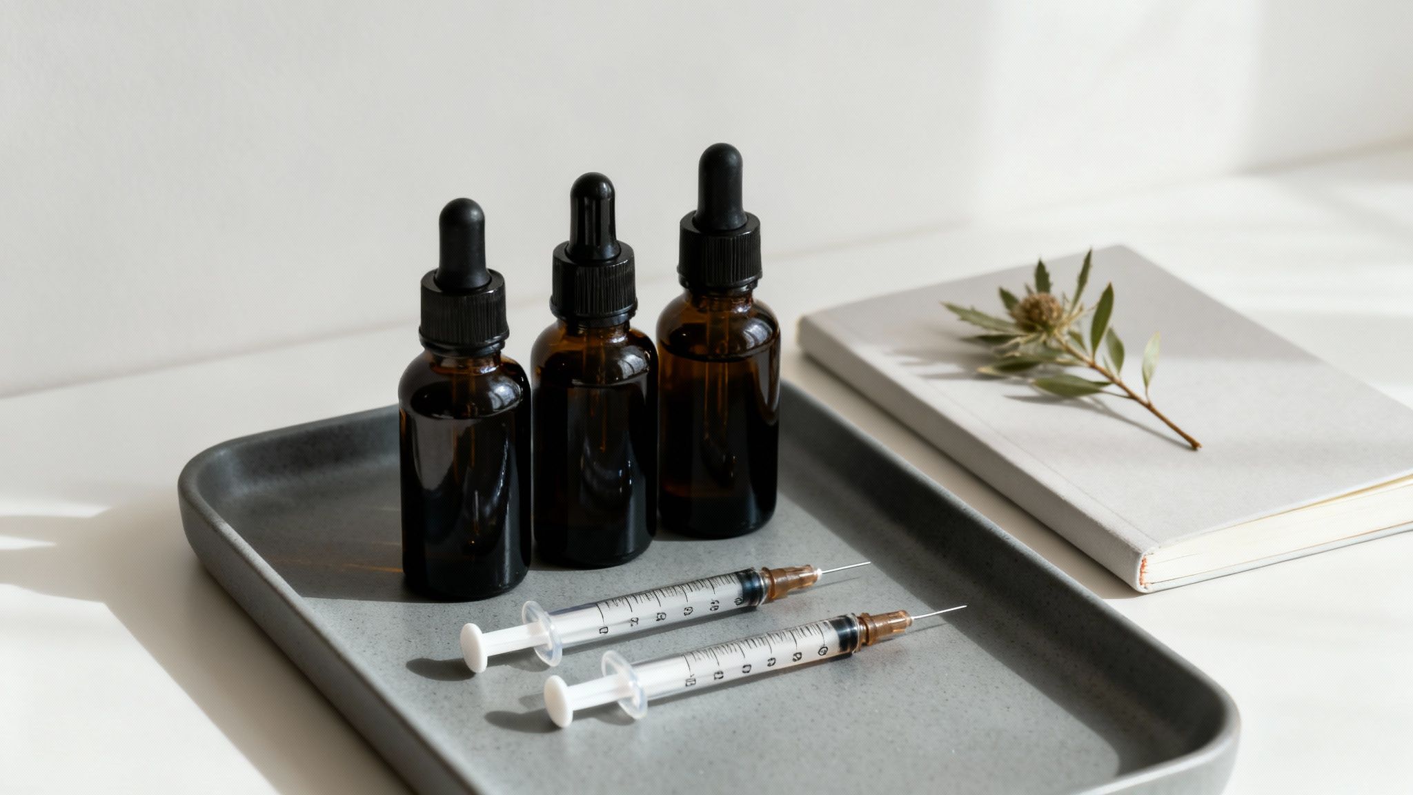 Drei braune Flaschen, zwei Spritzen und ein getrockneter Ast auf einem grauen Tablett, neben einem Notizbuch.