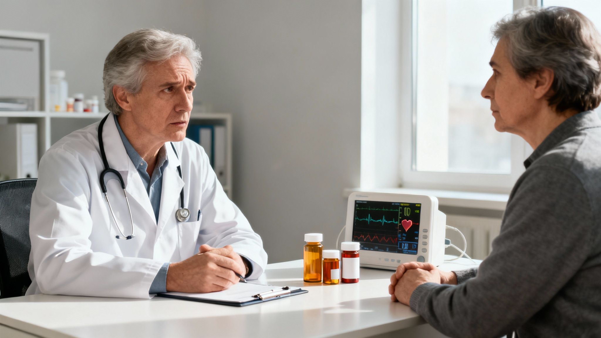 Ein besorgter Arzt spricht mit einem älteren Patienten in einer Arztpraxis, mit Herzmonitor und Medikamenten auf dem Tisch.