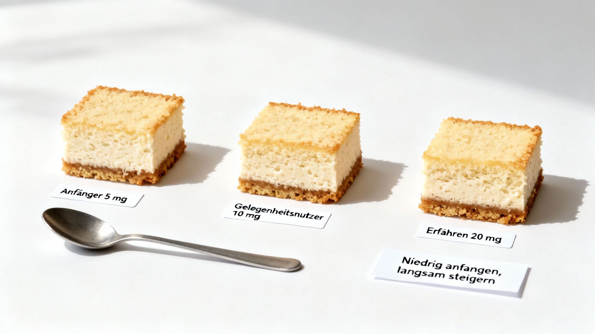 Drei Kuchenstücke mit Beschriftungen: Anfänger 5 mg, Gelegenheitsnutzer 10 mg, Erfahren 20 mg. Empfehlung: Niedrig anfangen.