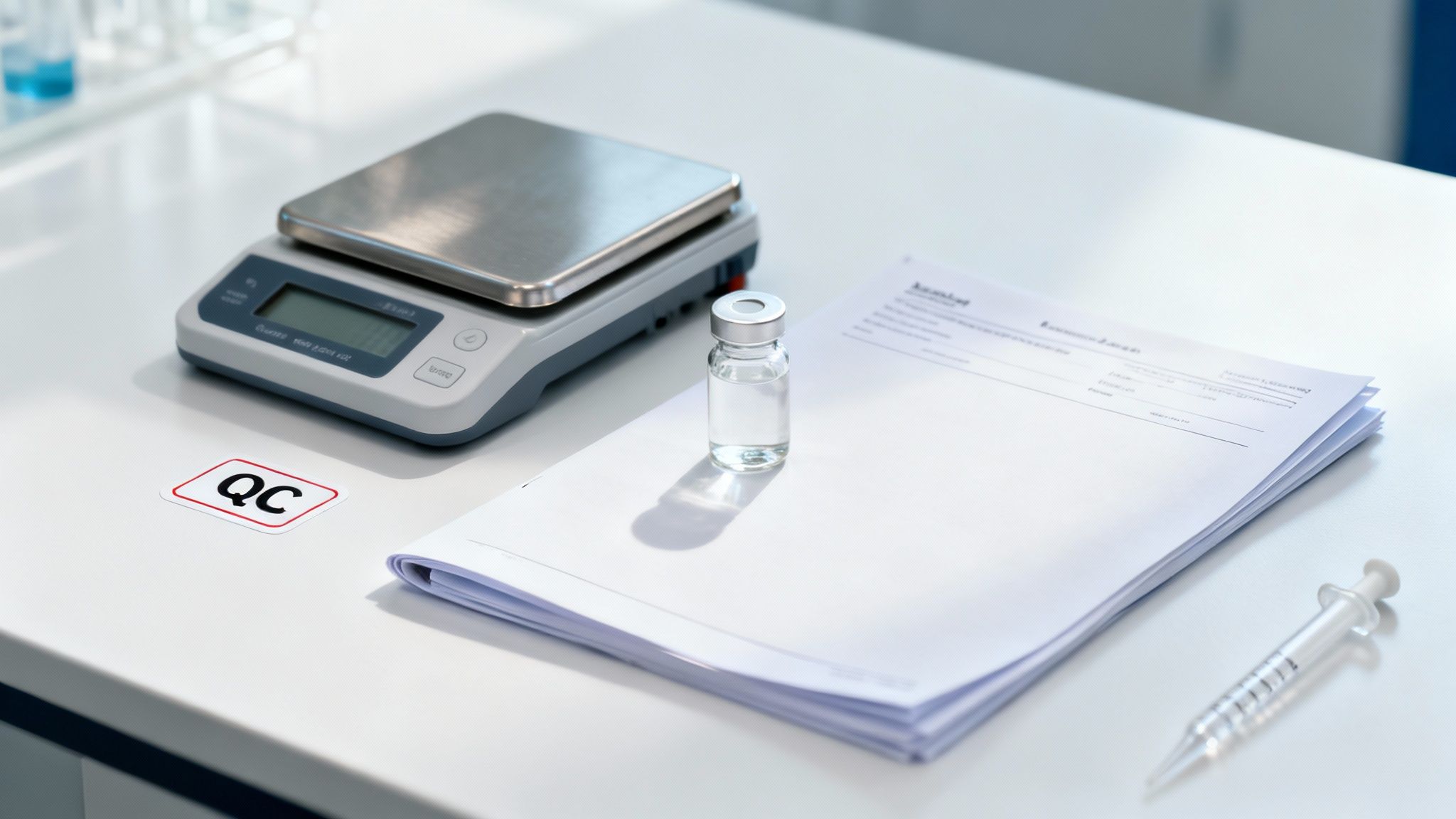 Ein Labortisch mit Digitalwaage, Ampulle, Unterlagen, einer Spritze und QC-Aufkleber für Qualitätskontrolle.