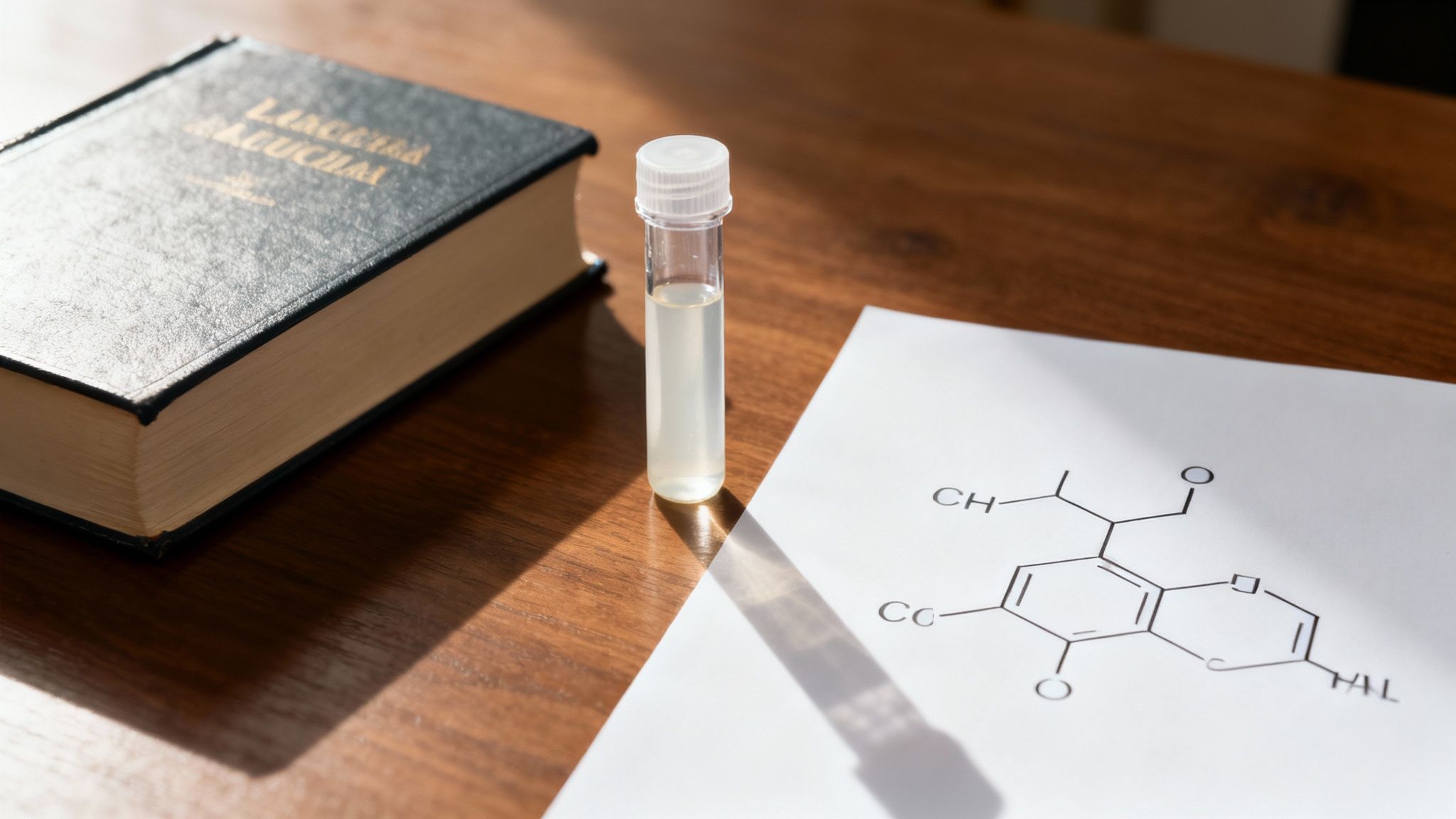 Ein Buch, ein Reagenzglas mit heller Flüssigkeit und eine chemische Strukturformel auf einem Holztisch.