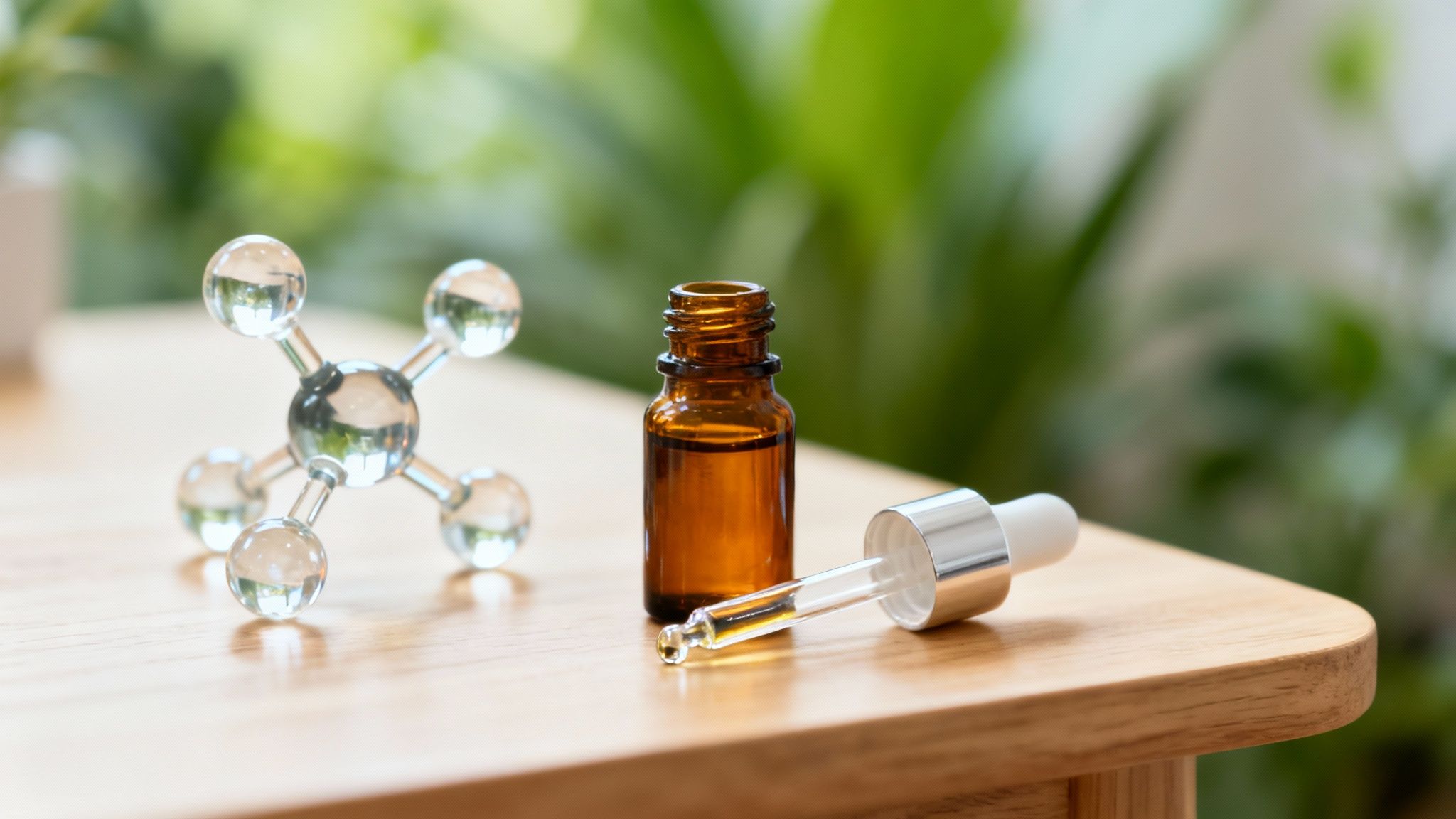 Braune Tropfflasche mit Pipette und Molekülmodell auf einem Holztisch vor grünem Hintergrund.