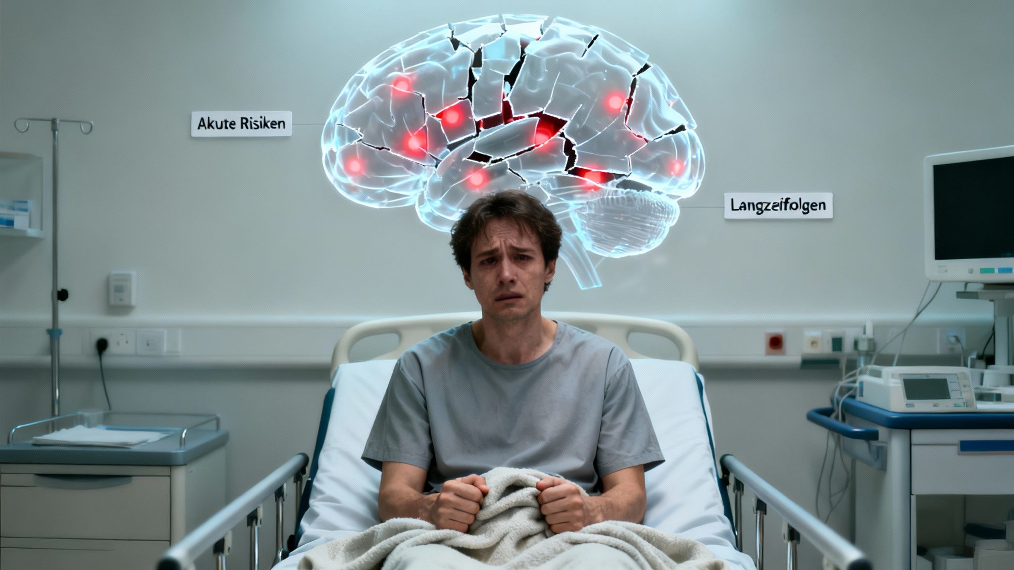 Patient in einem Krankenhausbett mit einer frakturierten Hirn-Grafik, die akute Risiken und Langzeitfolgen zeigt.