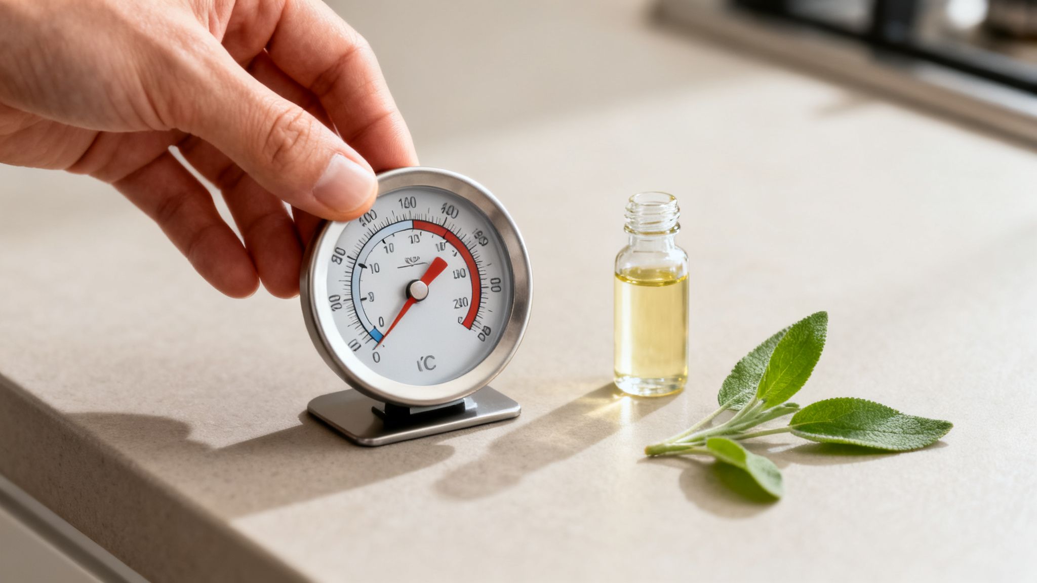 Hand hält Küchenthermometer neben kleiner Ölflasche und frischen Salbeiblättern auf einer hellen Theke.