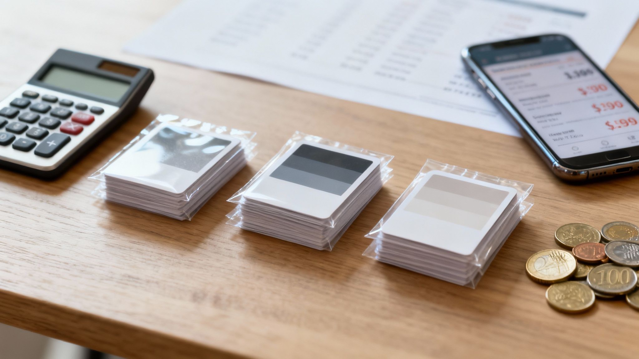 Taschenrechner, Kartenstapel, Smartphone mit Preisen, Dokument und Münzen auf einem Holztisch.