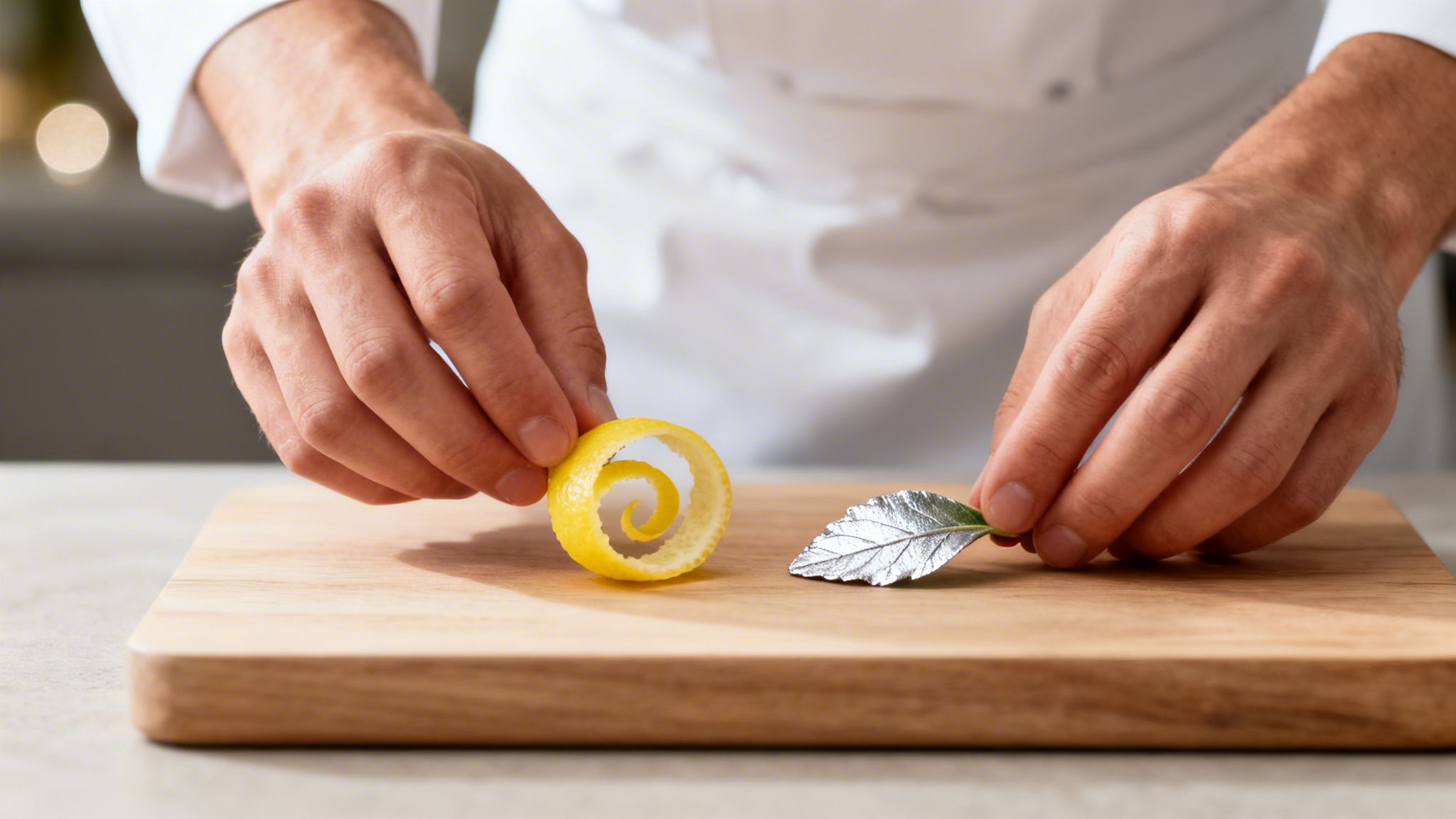 Hände eines Kochs arrangieren Zitronenschale und Silberblatt auf einem Schneidebrett.