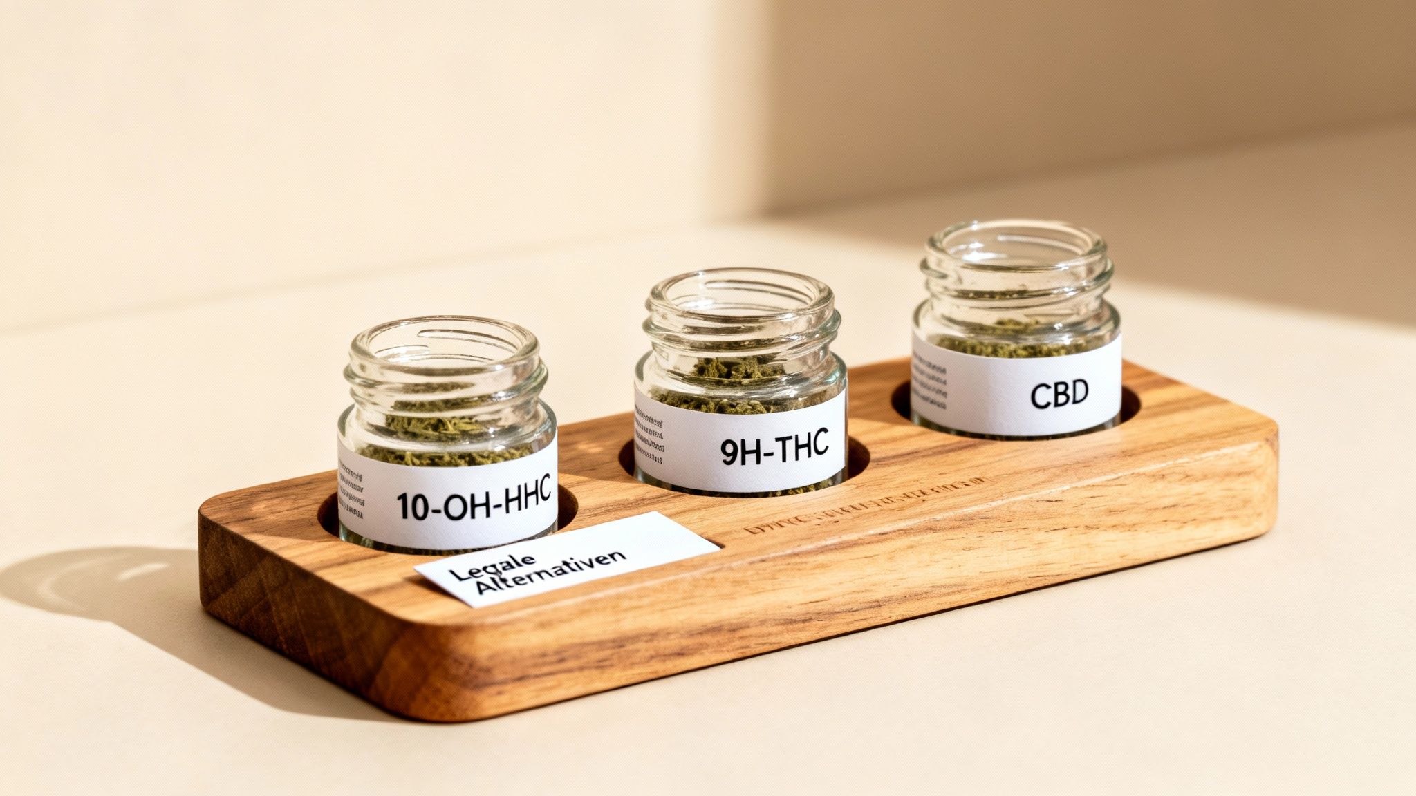 Drei Gläser mit HHC, THC und CBD auf einem Holztablett, daneben eine Karte 'Legale Alternativen'.