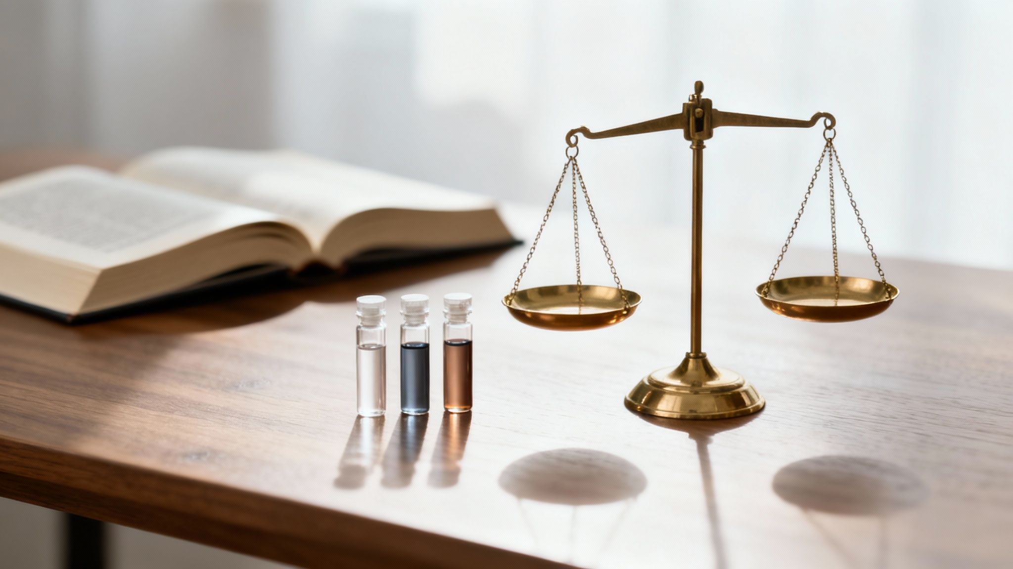 Eine goldene Waage, drei Fläschchen und ein offenes Buch auf einem Holztisch, symbolisieren Recht und Wissenschaft.