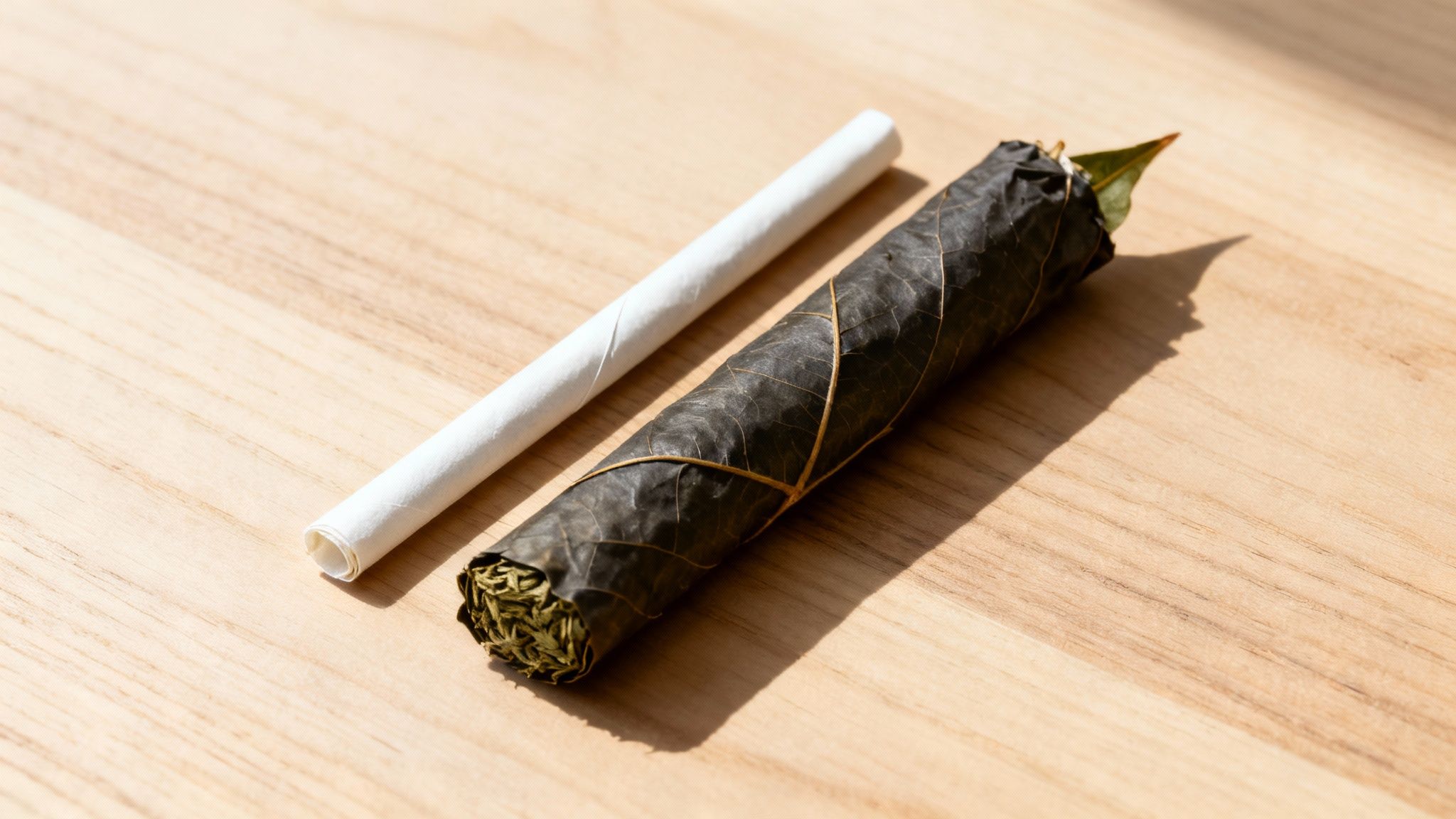 Ein weißes Papierröllchen liegt neben einem dunklen, blattumwickelten Joint mit Pflanzenmaterial auf Holz.