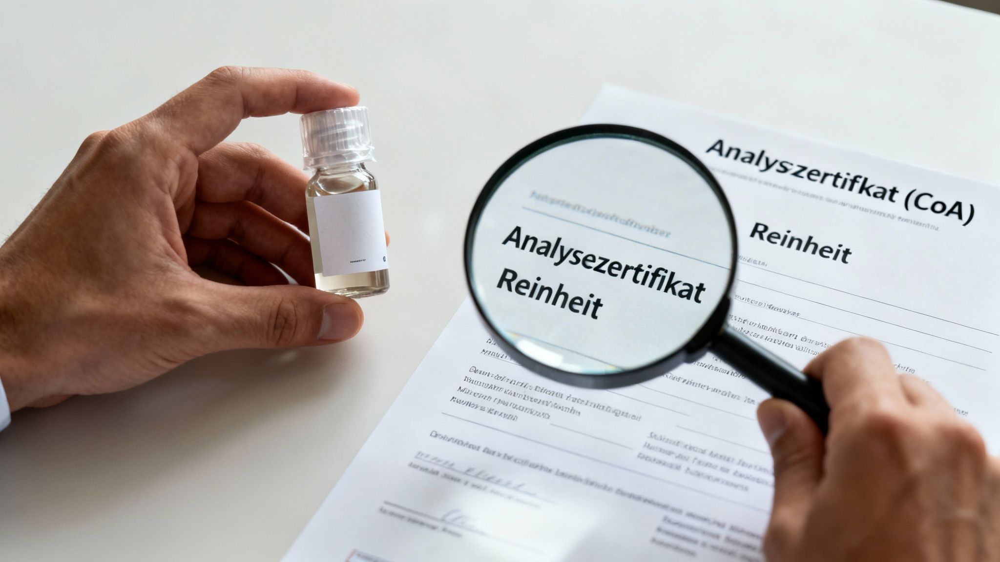 Hand hält Analysezertifikat und Probe, wobei die Reinheit unter einer Lupe untersucht wird.