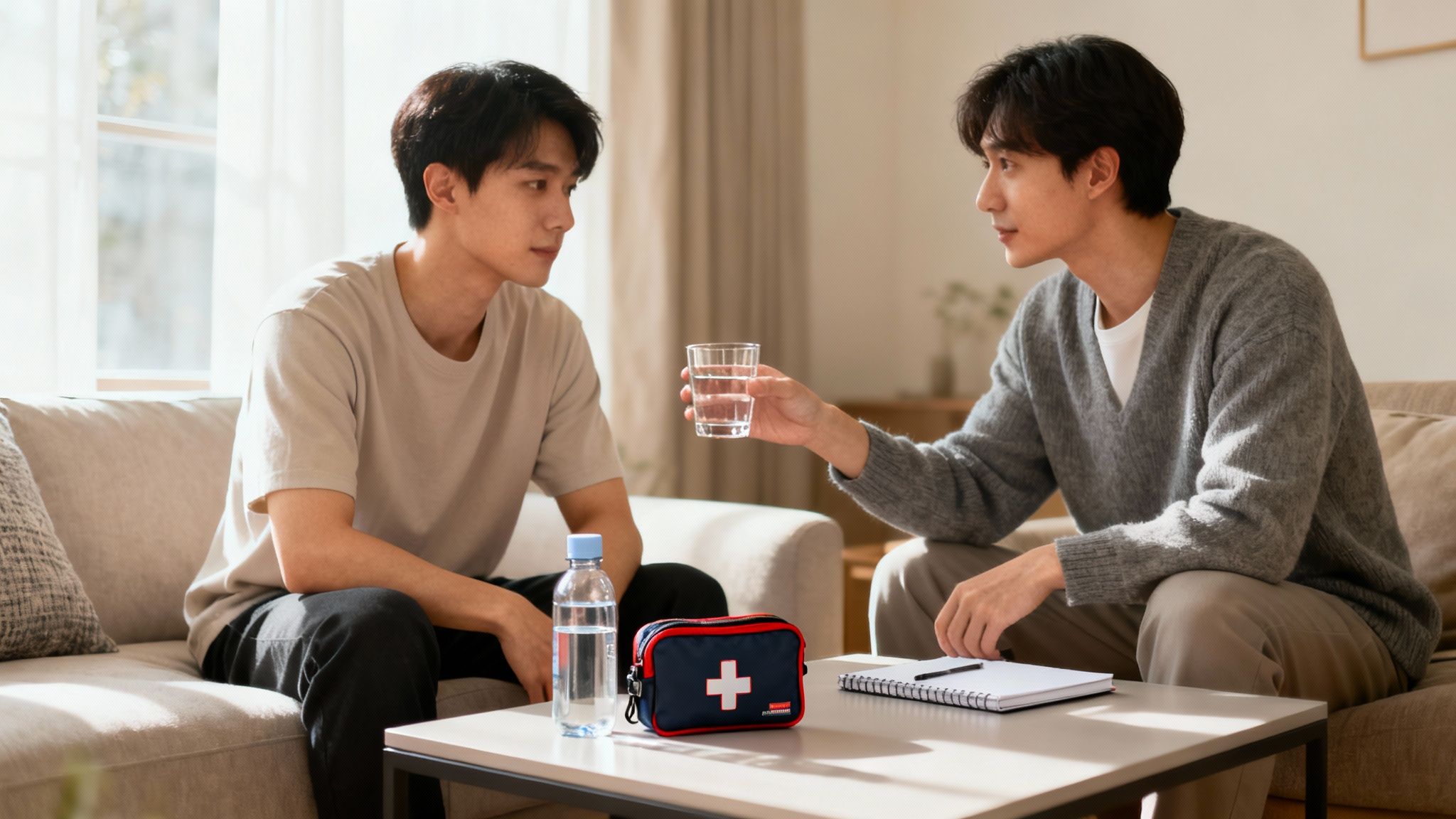Zwei Männer auf einem Sofa; einer reicht dem anderen ein Glas Wasser, ein Erste-Hilfe-Set steht daneben.