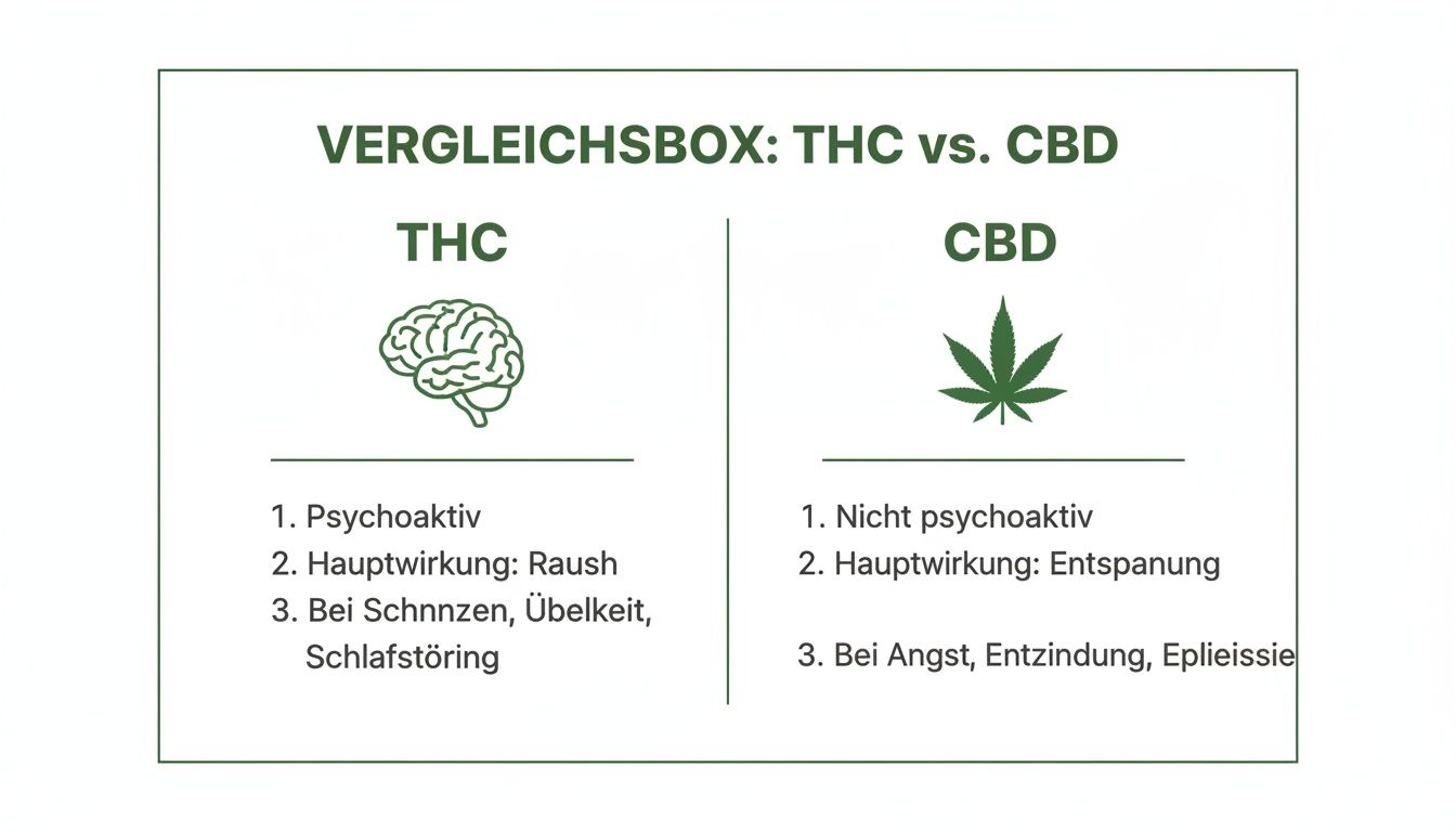 Infografik zum Vergleich von THC und CBD, ihren Eigenschaften, Wirkungen und Anwendungsgebieten.
