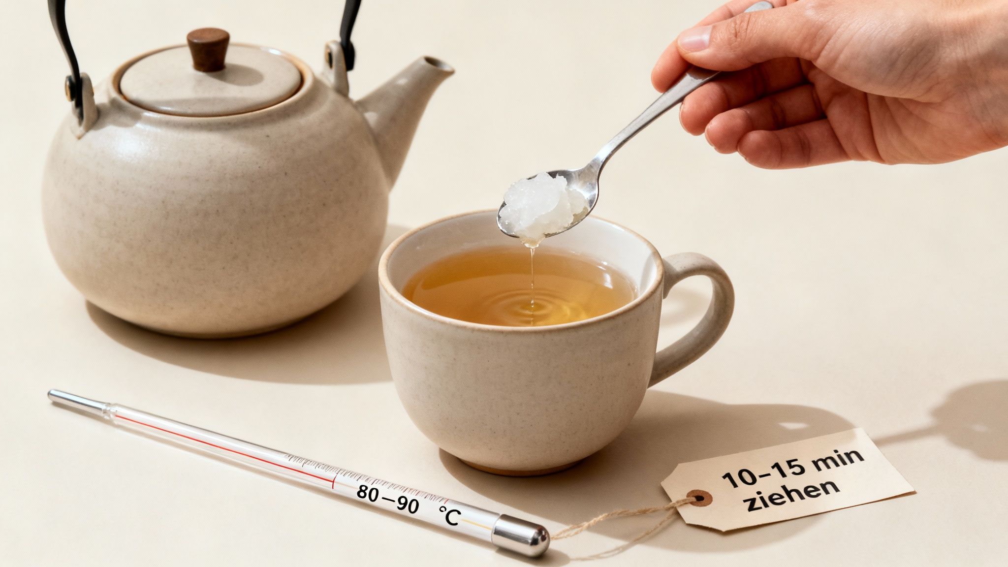 Hand gibt Zucker in Hanftee, daneben Teekanne, Thermometer (80-90°C) und Ziehzeit (10-15 min).
