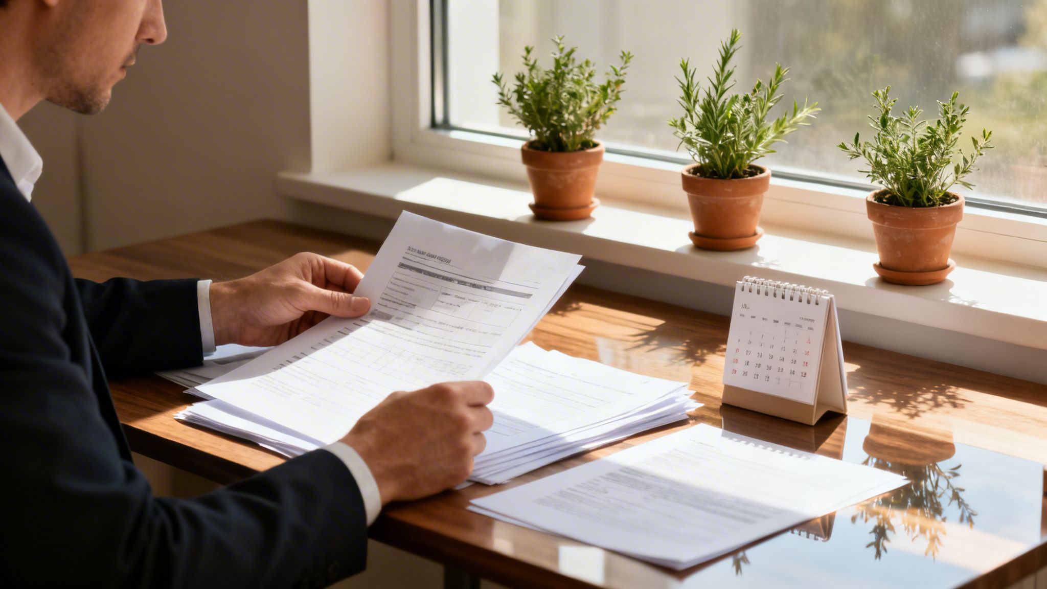 Ein Mann in Anzug liest Dokumente an einem Schreibtisch. Im Hintergrund sind Pflanzen am Fenster.
