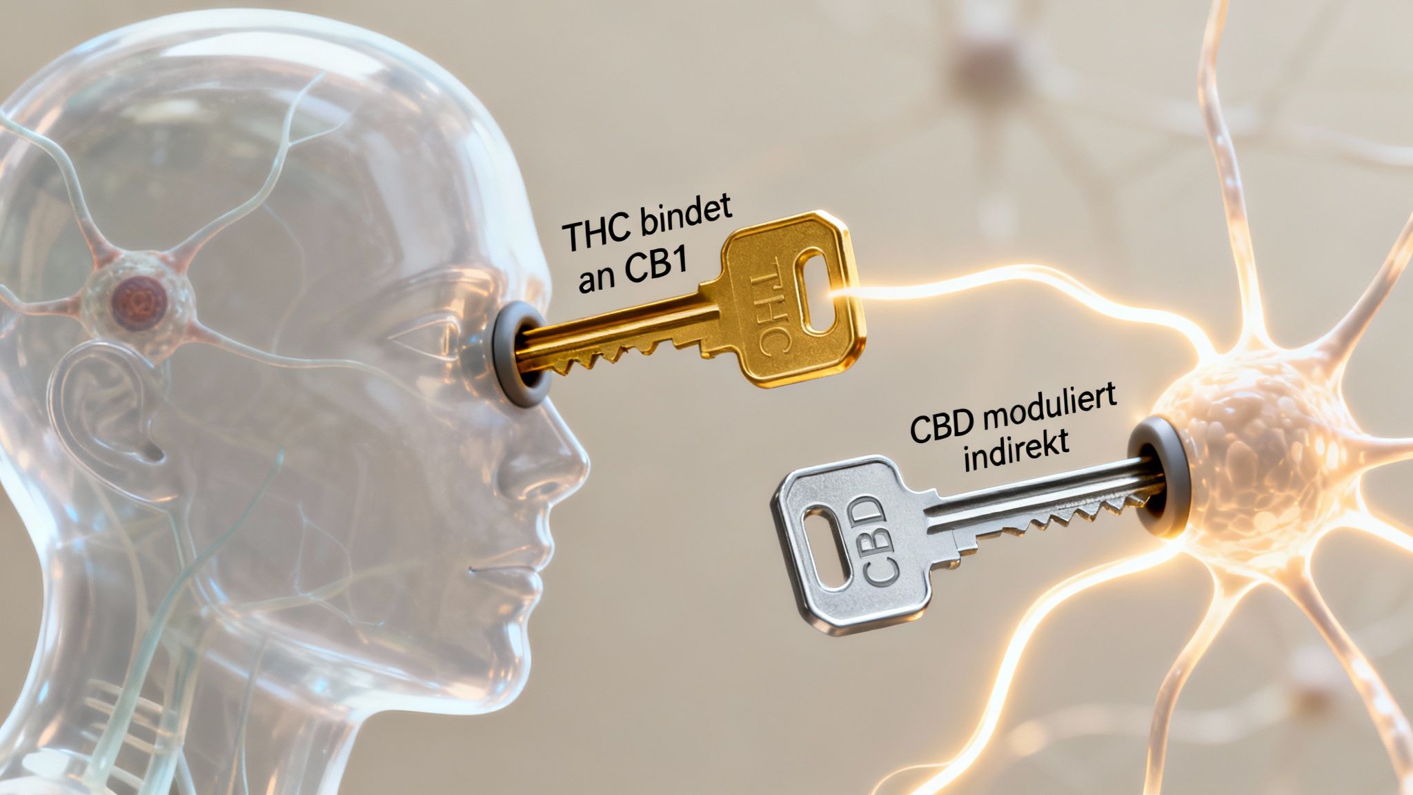 Zwei Schlüssel, THC und CBD, visualisieren die unterschiedlichen Wirkmechanismen an Kopf und Neuron.