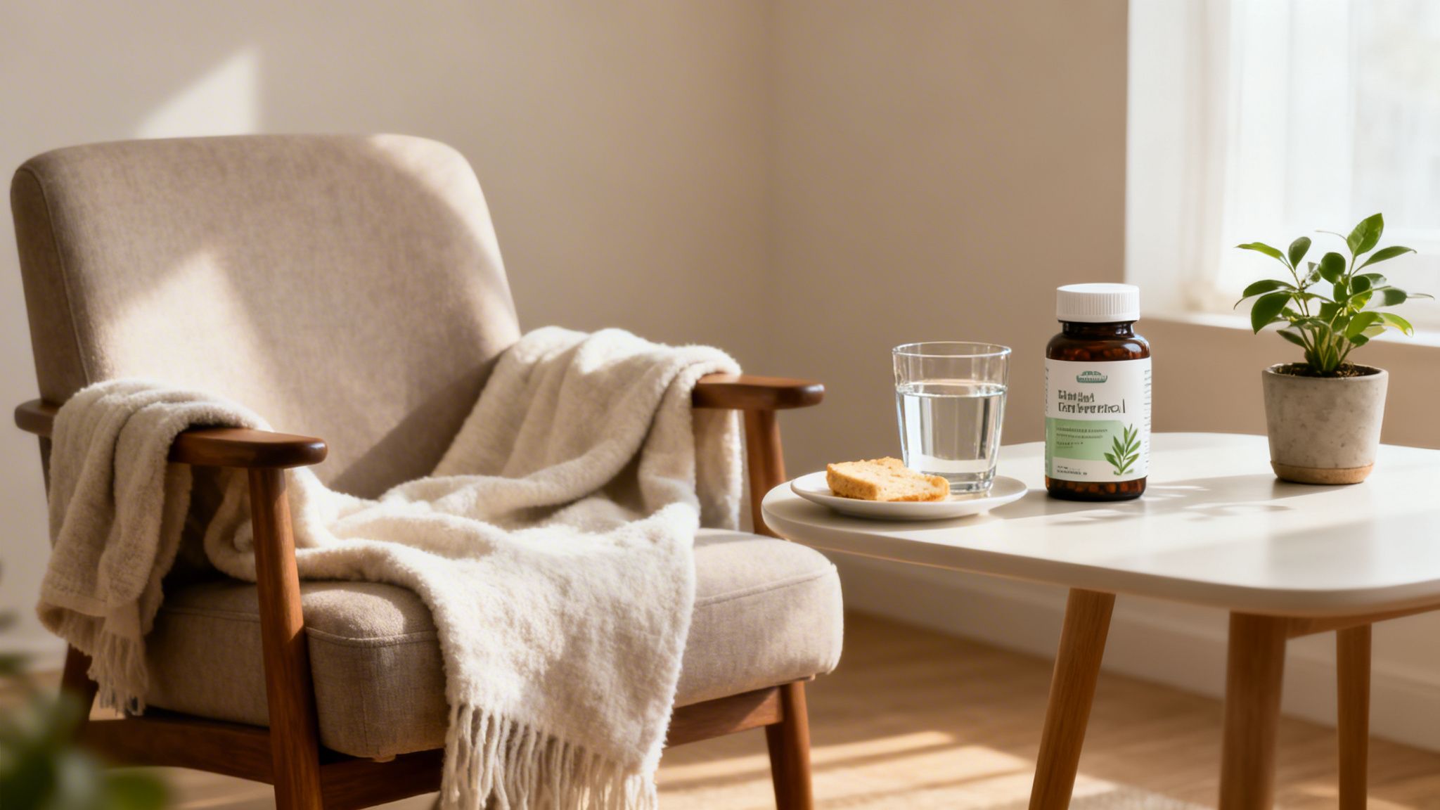 Gemütlicher Sessel mit Decke, Beistelltisch mit Wasser, Kuchen, Nahrungsergänzungsmittel und Pflanze am Fenster.