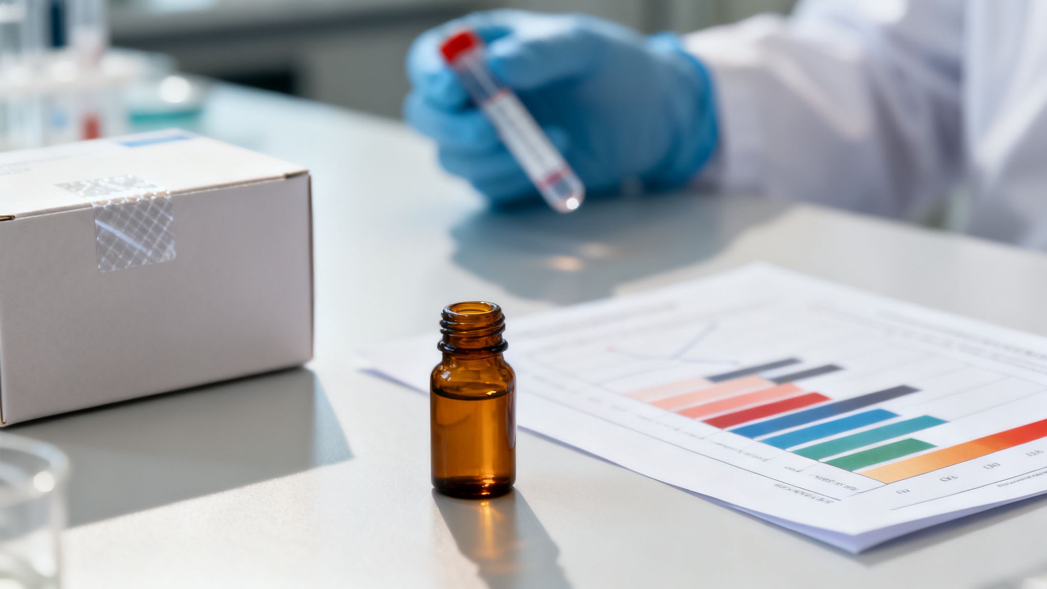 Wissenschaftler in blauen Handschuhen hält Reagenzglas. Auf dem Labortisch stehen eine Flasche, eine Box und ein Diagramm.