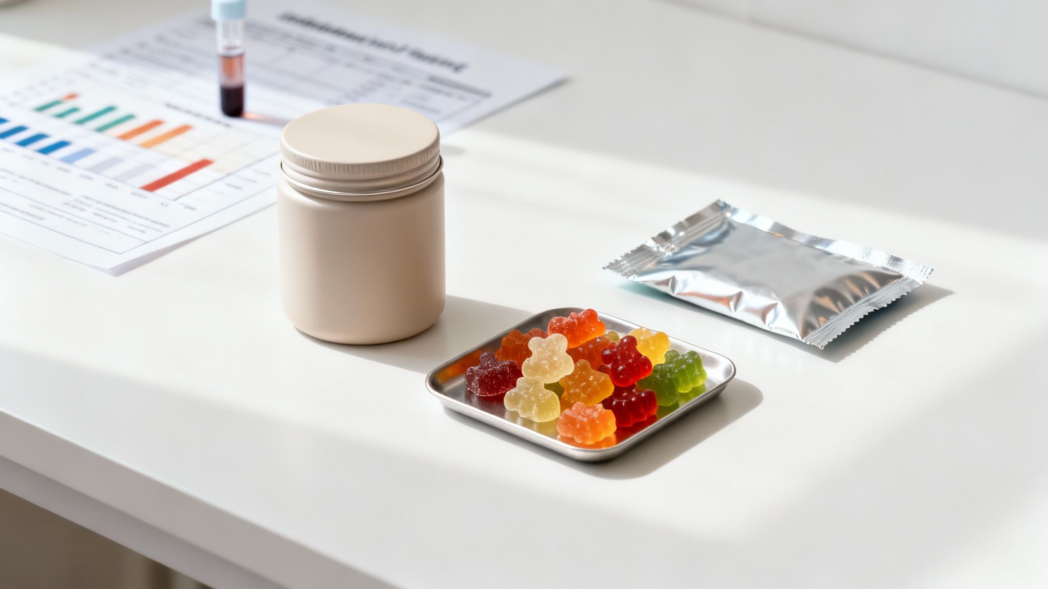 Bunte Gummibärchen auf einem Tablett, eine Dose und medizinische Unterlagen auf einem weißen Schreibtisch.