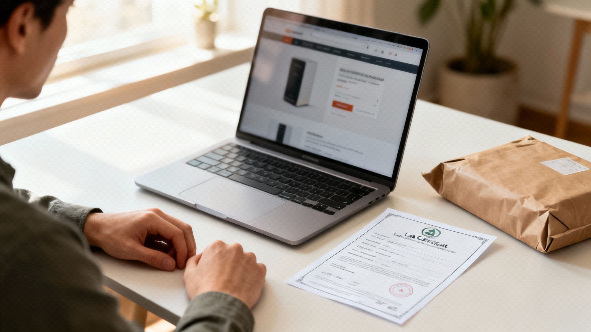 Mann am Laptop betrachtet Produktseite, daneben ein Paket und ein Zertifikat auf dem Schreibtisch.