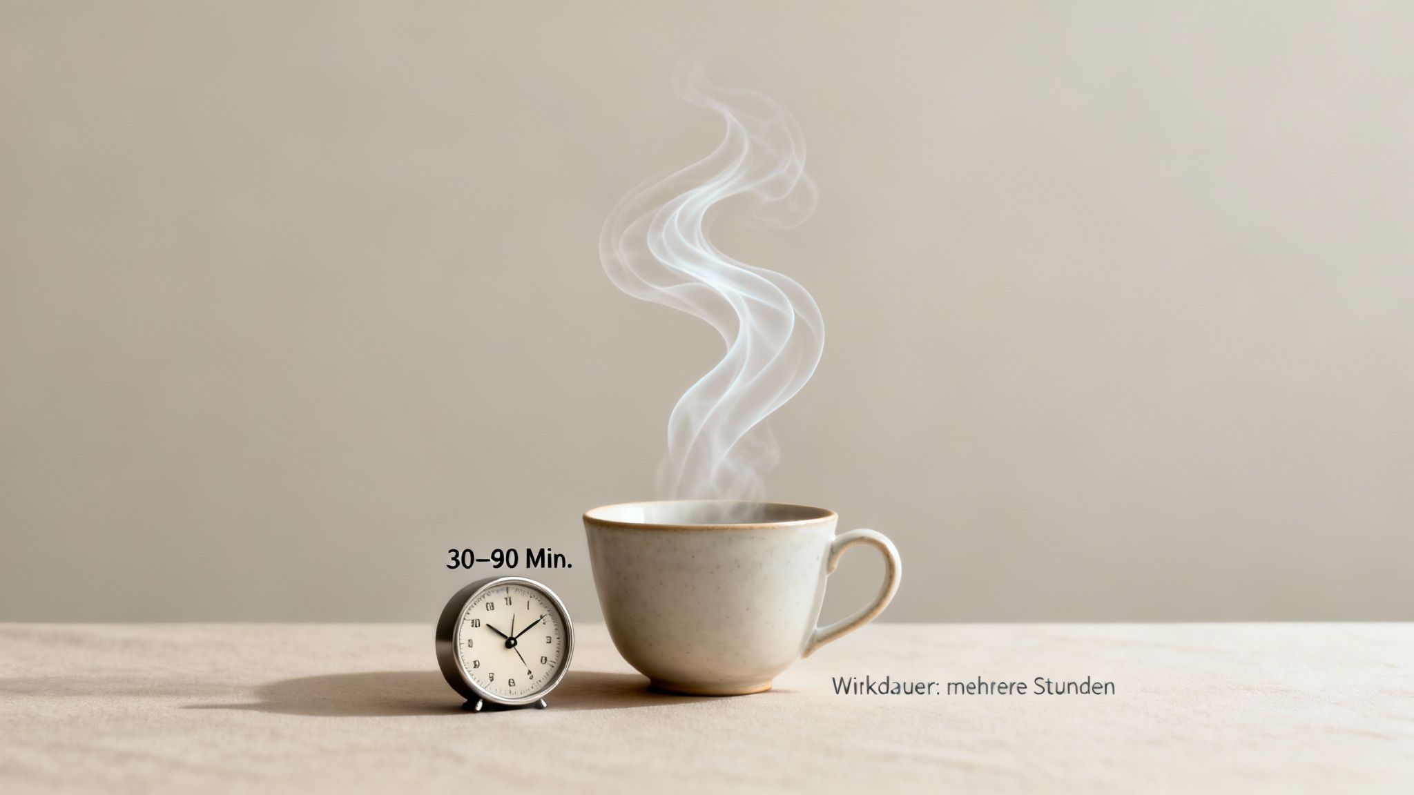 Eine dampfende Tasse Tee steht neben einem Wecker mit Hinweisen zur Wirkungsdauer.