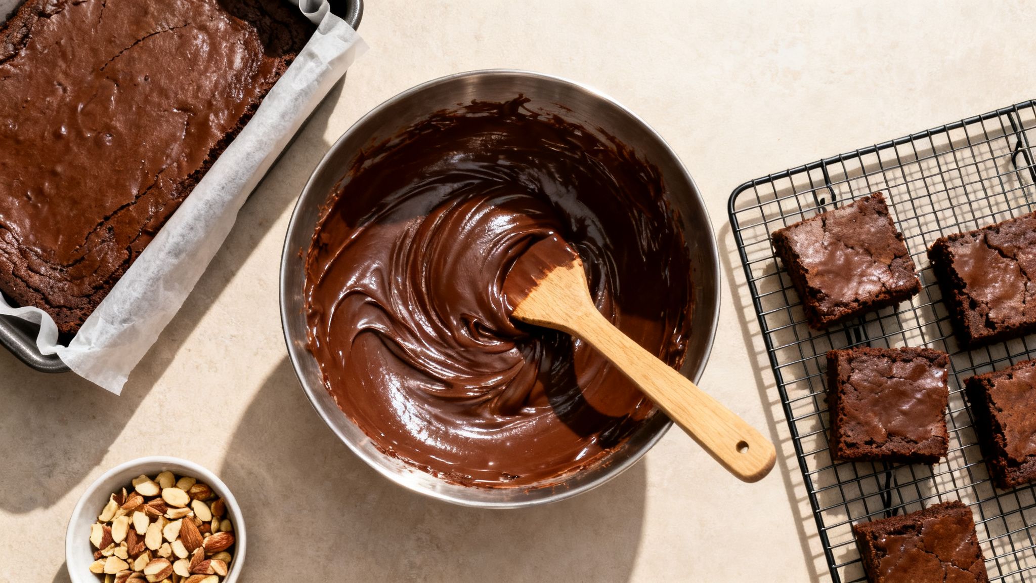 Ein Blech mit frisch gebackenen Brownies, geschmolzene Schokolade, geschnittene Brownies auf einem Gitter und eine Schale Mandeln.