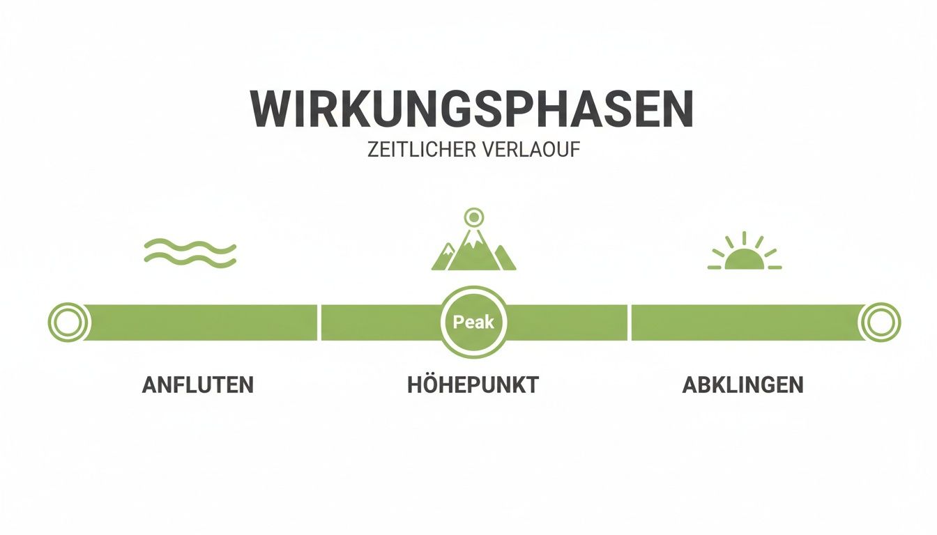 Eine visuelle Darstellung der Wirkungsphasen mit den Schritten Anfluten, Höhepunkt (Peak) und Abklingen, inklusive passender Symbole.