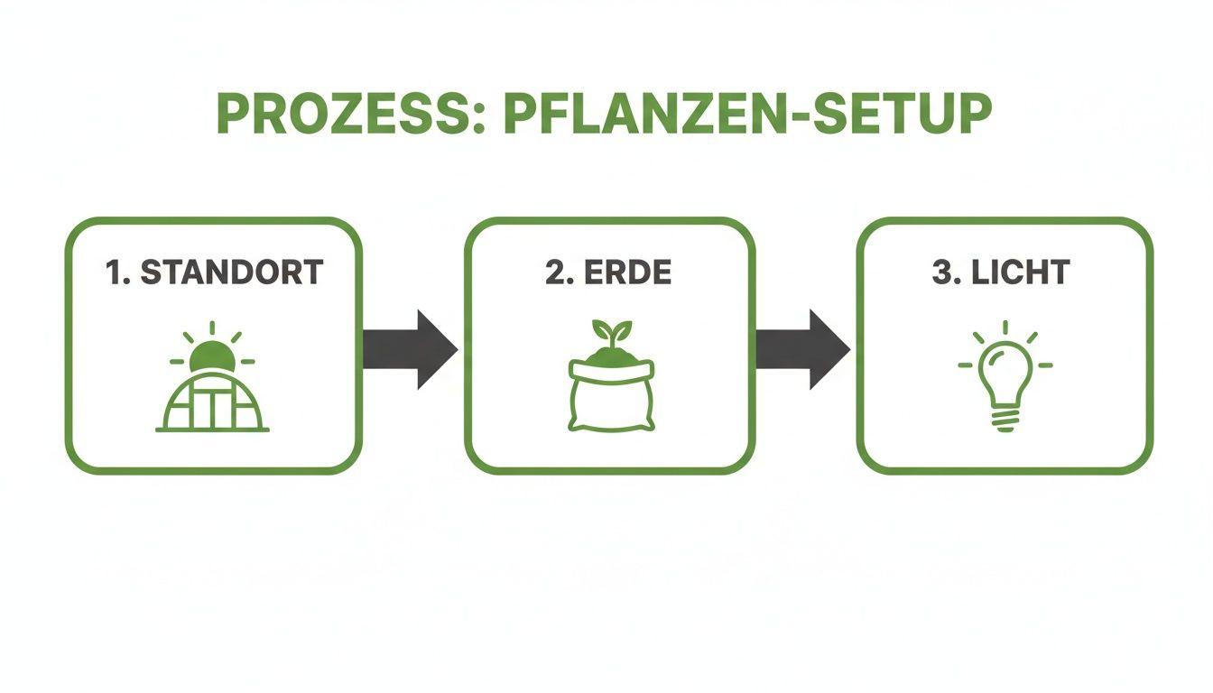 Prozess-Infografik für Pflanzen-Setup: Standort, Erde und Licht als wichtige Schritte dargestellt.