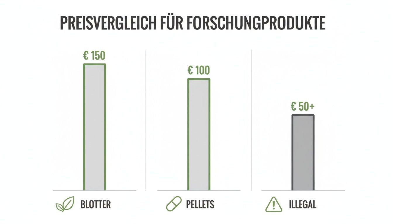 Balkendiagramm Preisvergleich für Forschungsprodukte: Blotter (€150), Pellets (€100), Illegal (€50+).