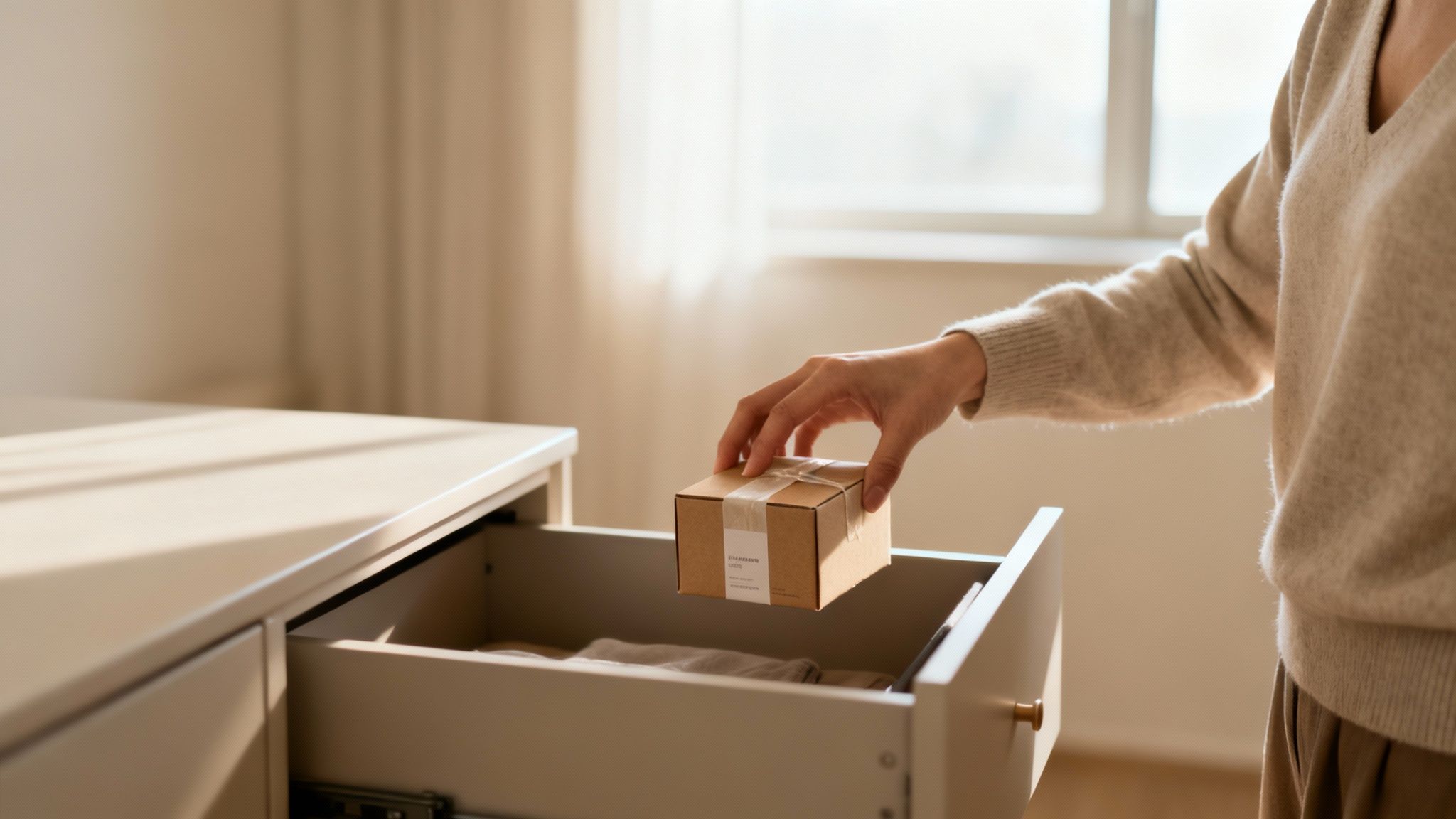 Eine Person legt ein kleines braunes Paket mit einem Etikett in eine offene Kommodenschublade.