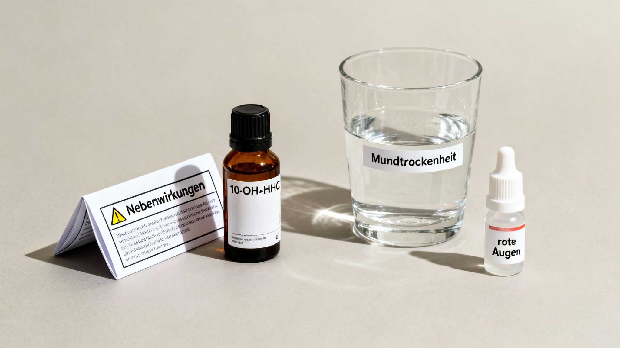 Detailní záběr láhve s přípravkem 10-OH-HHC, sklenice s vodou proti suchu v ústech, oční kapky proti zarudnutí očí a příbalový leták s vedlejšími účinky.