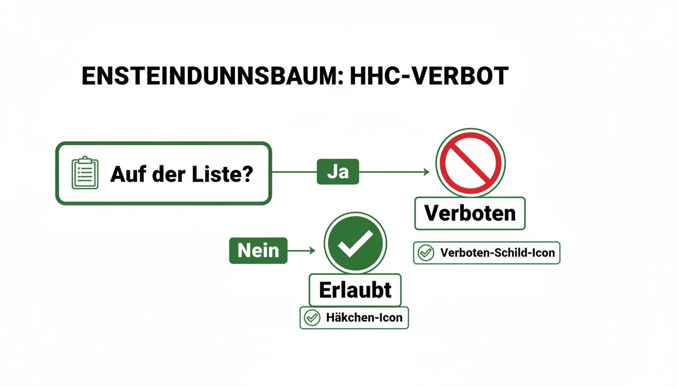 Flussdiagramm zum HHC-Verbot: Zeigt, ob HHC auf einer Liste ist und somit verboten oder erlaubt ist.
