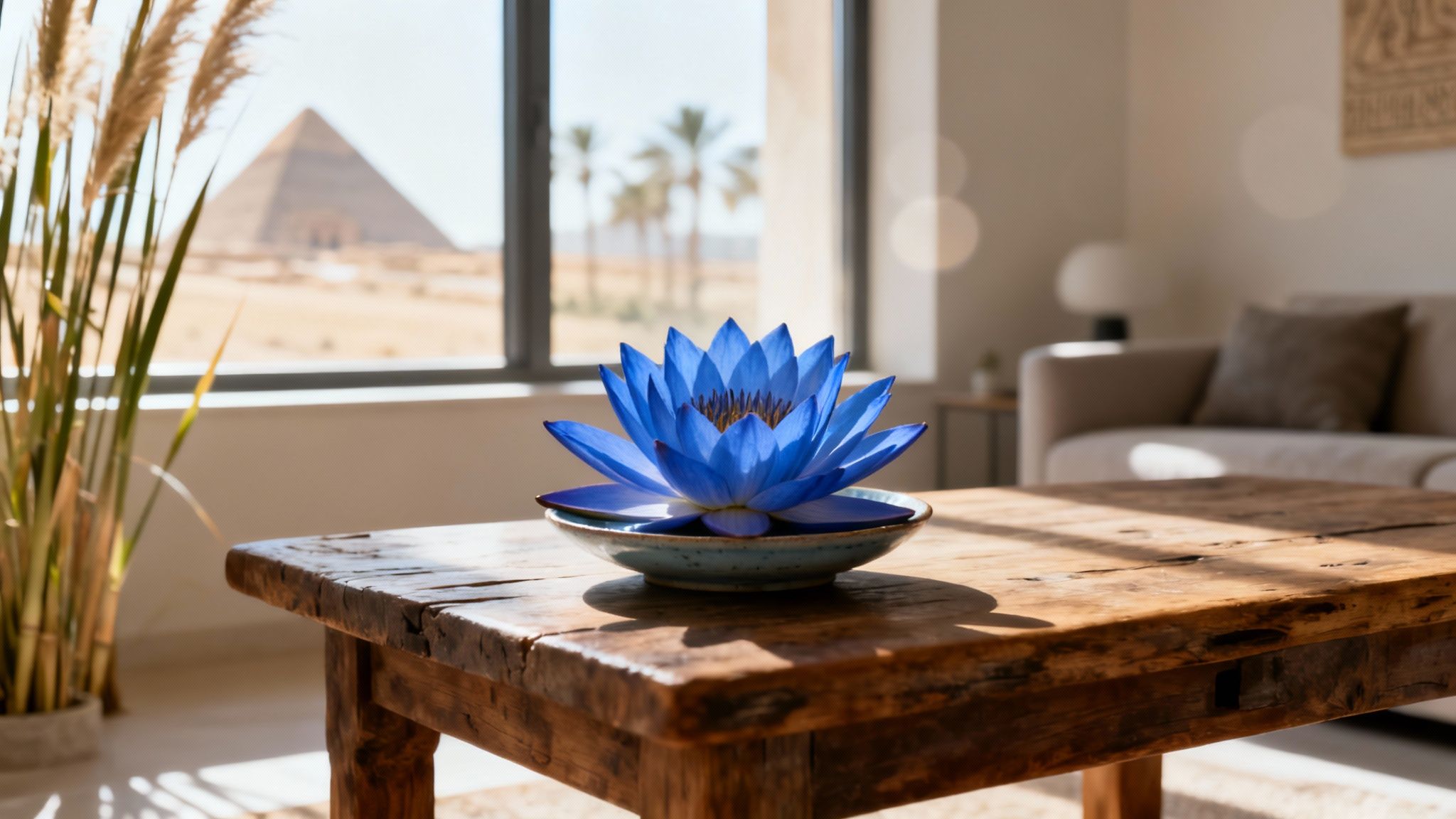 Prächtiger blauer Lotus auf einem rustikalen Holztisch mit Pyramidenblick durch ein Fenster.