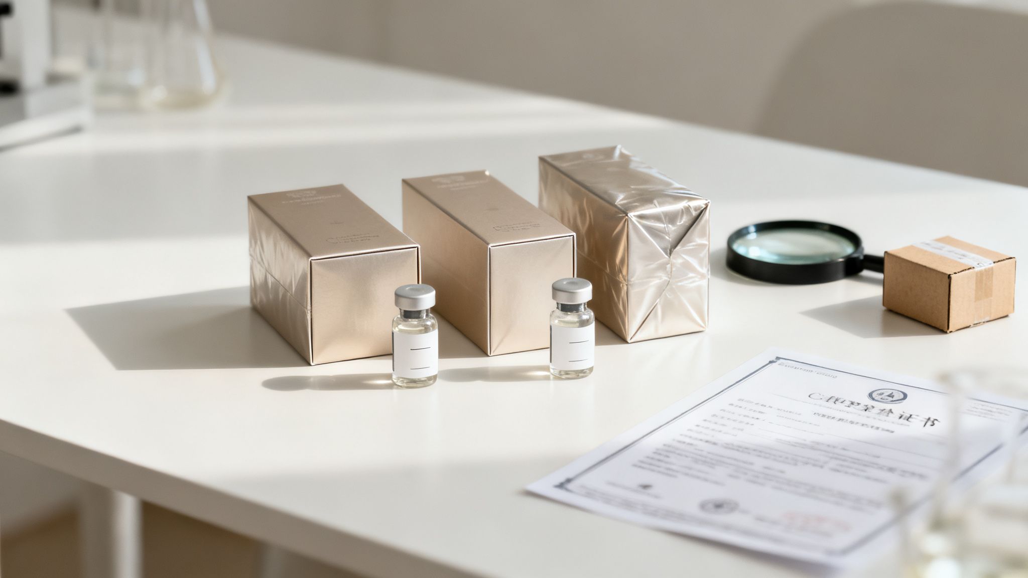 Auf einem weißen Labortisch liegen goldene Verpackungen, zwei Medizinfläschchen, eine Lupe und ein Zertifikat.