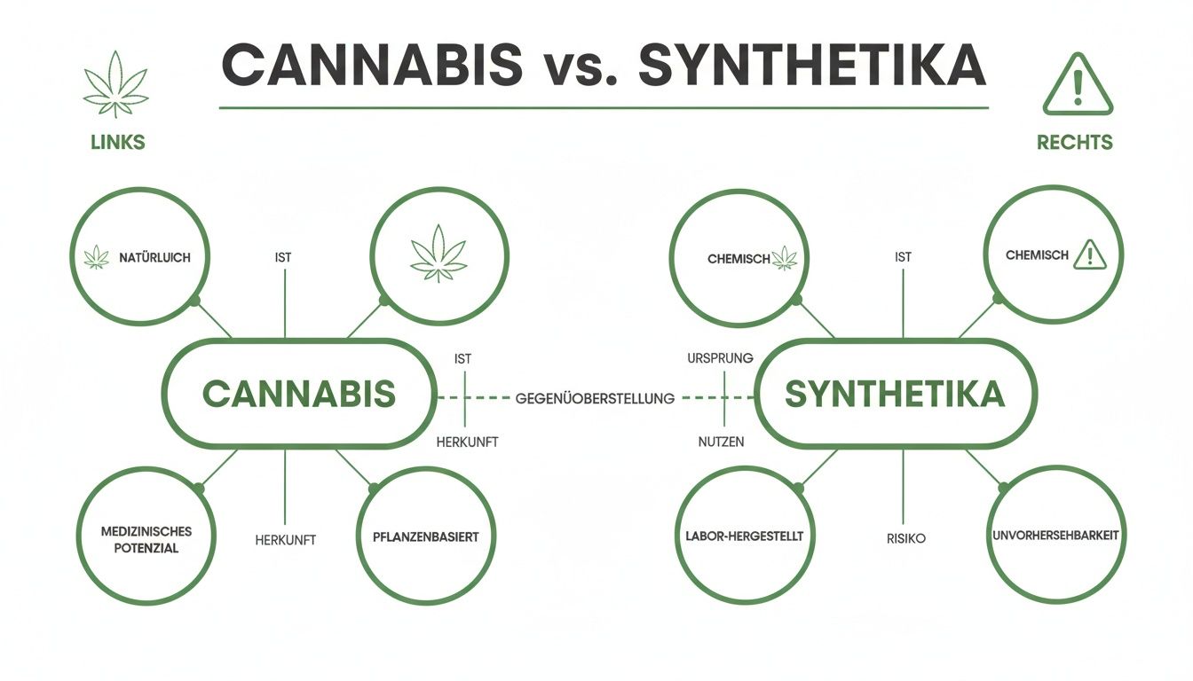 Infografik vergleicht Cannabis (natürlich, pflanzenbasiert) mit Synthetika (chemisch, labor-hergestellt, risikoreich) zur Gegenüberstellung von Herkunft und Nutzen.