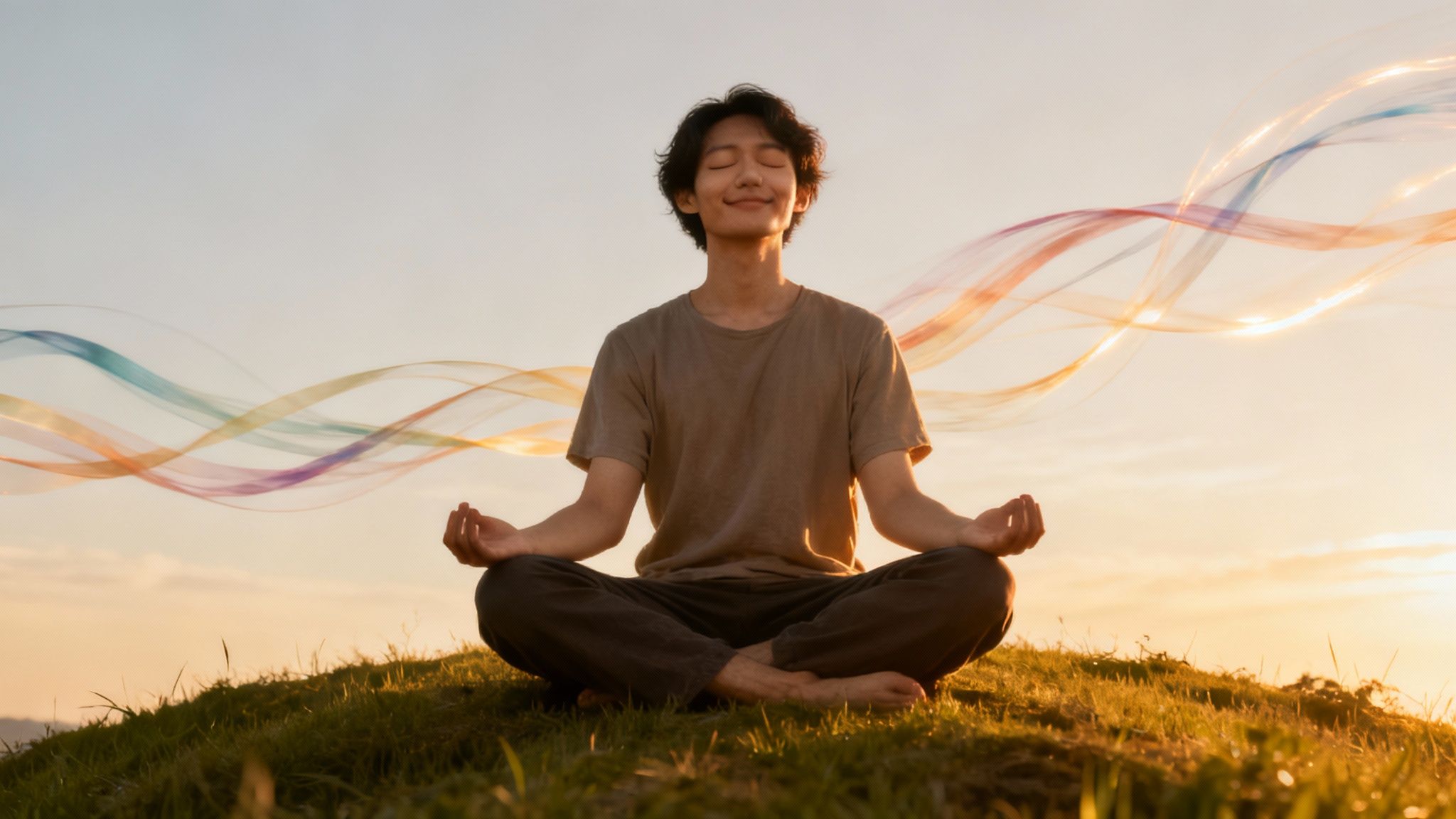 Junger Mann meditiert entspannt auf einem Hügel bei Sonnenuntergang, umgeben von bunten Lichtwellen.