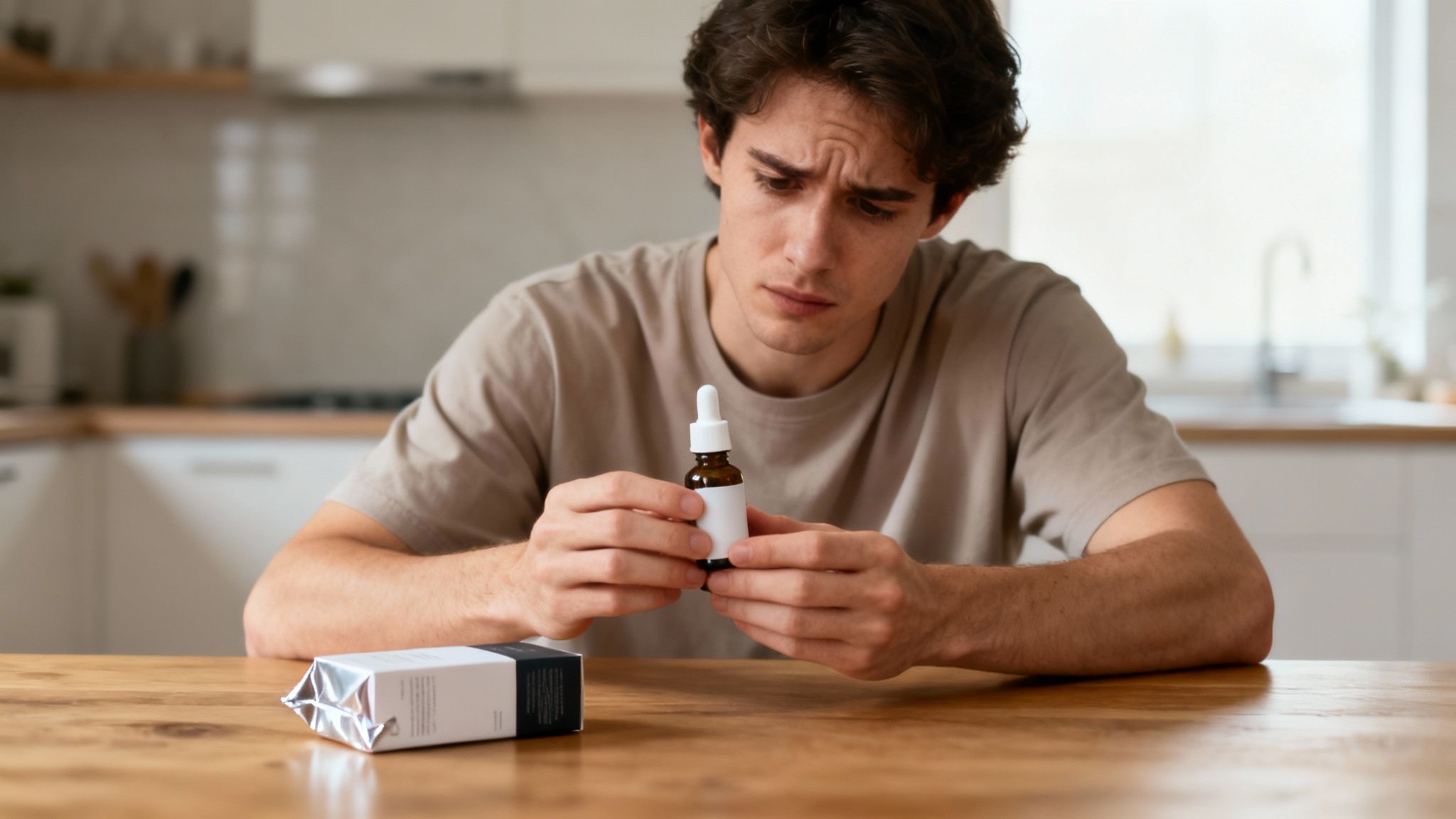 Besorgter junger Mann hält in einer modernen Küche ein kleines braunes Fläschchen mit Tropfer in den Händen.