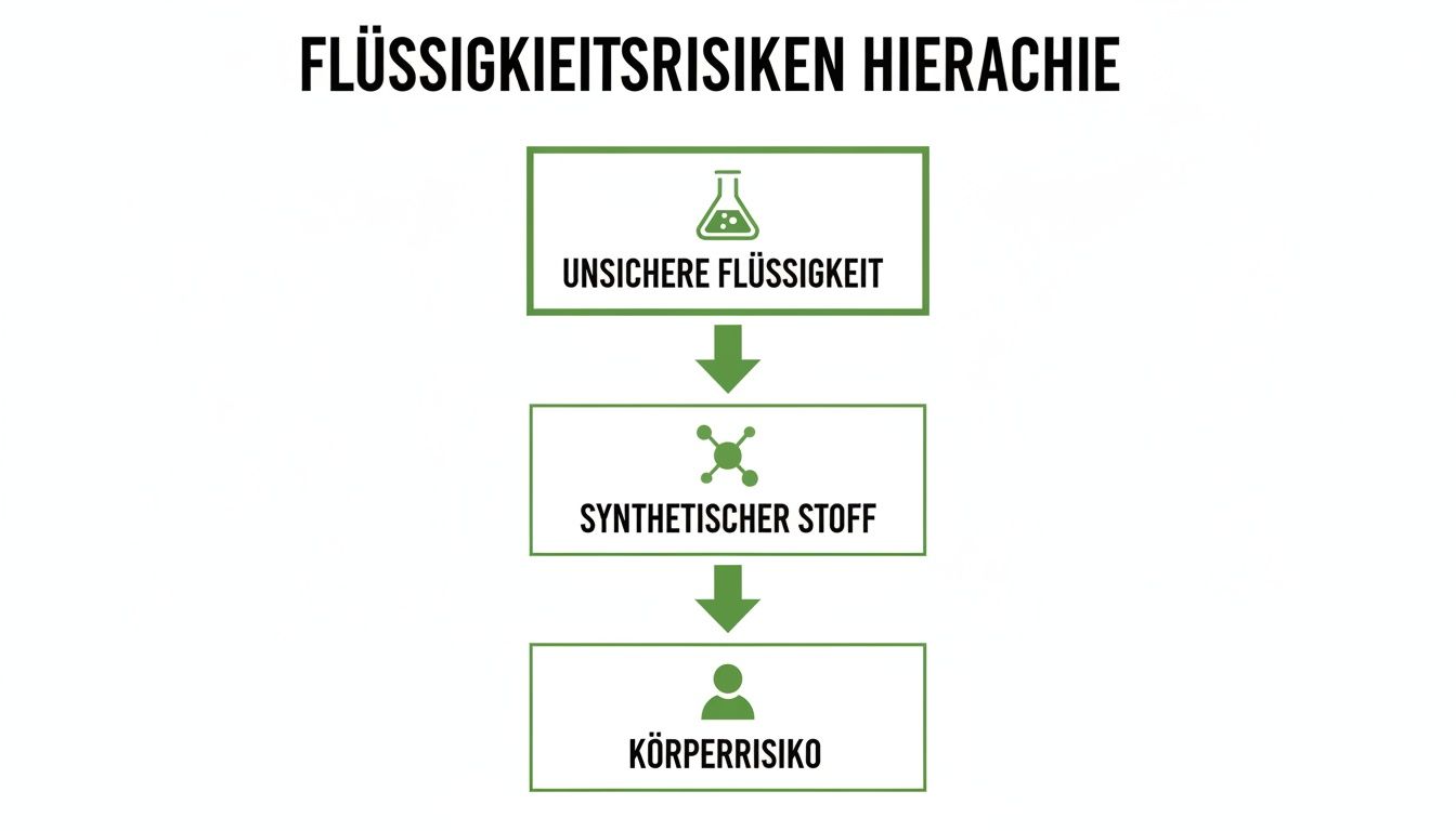 Hierarchie der Flüssigkeitsrisiken: Von unsicherer Flüssigkeit über synthetische Stoffe bis zum Körperrisiko.