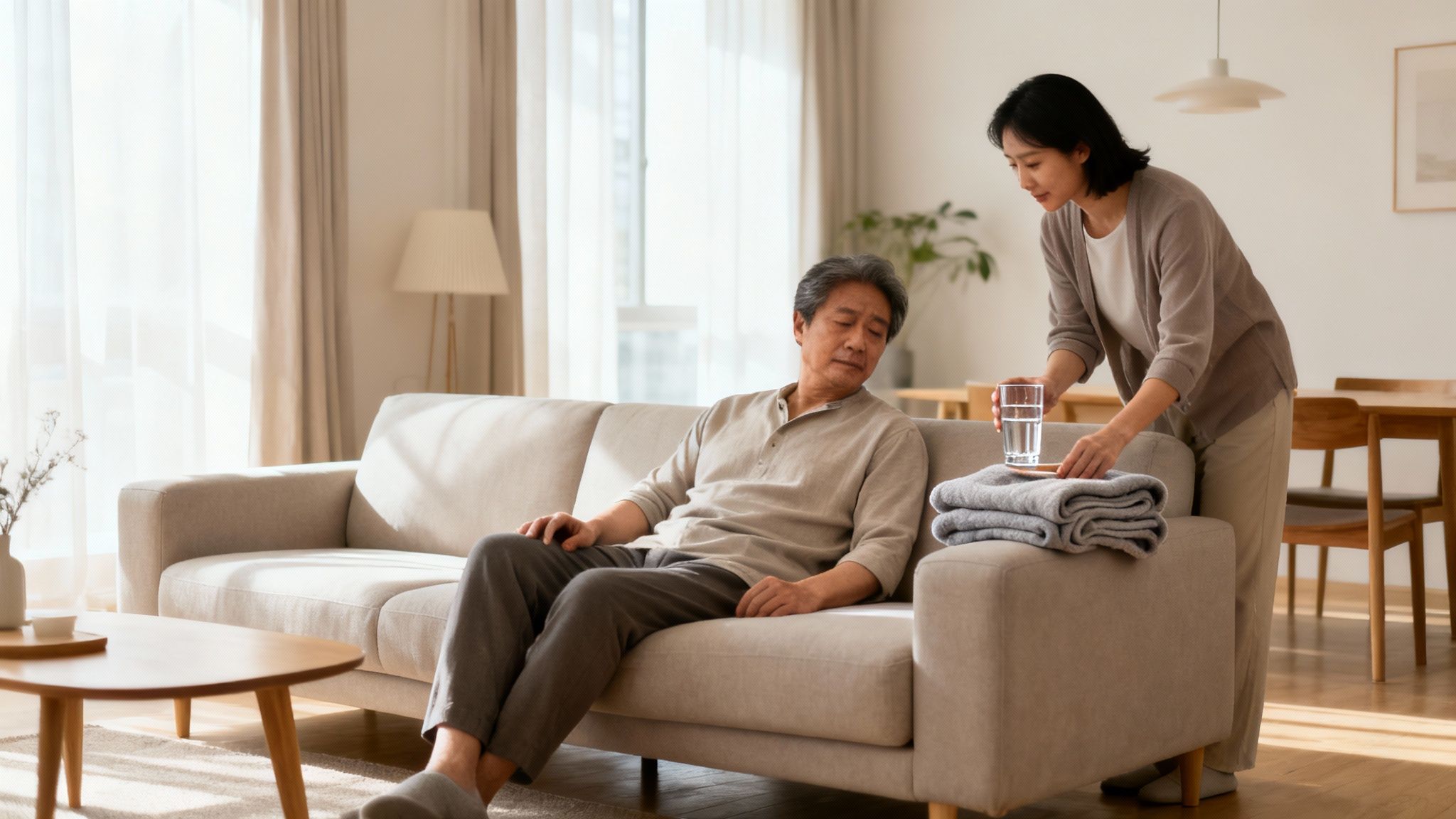 Eine Frau reicht einem älteren, müden Mann auf dem Sofa ein Glas Wasser und eine Decke.