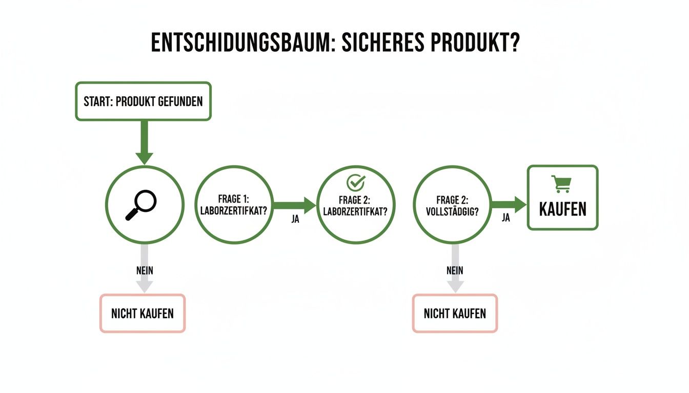Ein Entscheidungsbaum zur Bewertung der Sicherheit eines Produkts, der von der Produktfindung über Laborzertifikate bis zur Vollständigkeit führt.