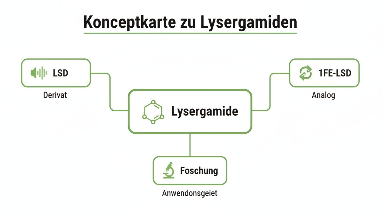 Eine Konzeptkarte zu Lysergamiden zeigt LSD als Derivat, 1FE-LSD als Analog und Forschung als Anwendungsgebiet.