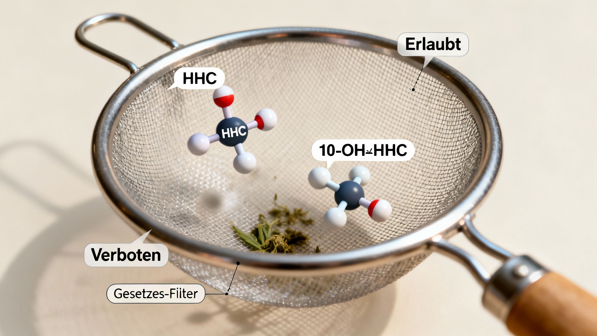 Molekülmodelle von HHC und 10-OH-HHC in einem Sieb, das Substanzen nach dem Gesetz filtert.