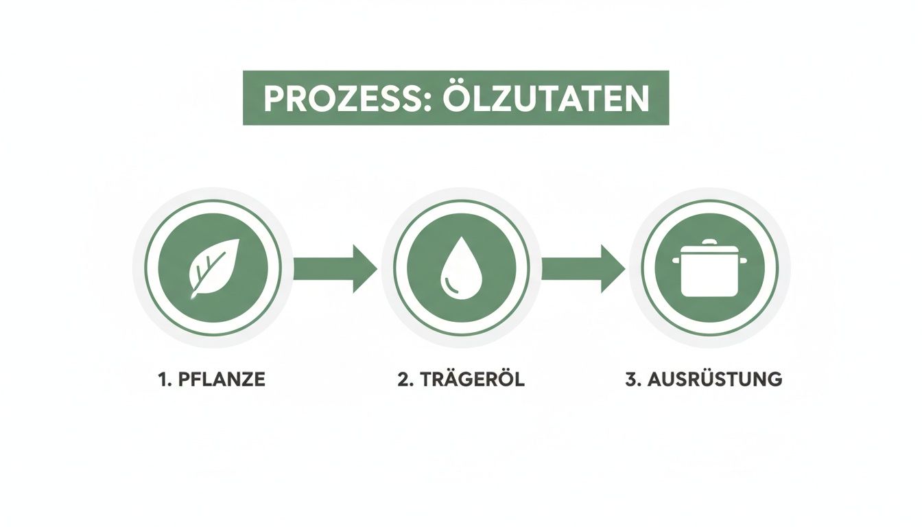 Prozessdiagramm zeigt die Herstellung von Ölzutaten: Pflanze, Trägeröl und Ausrüstung in drei Schritten.