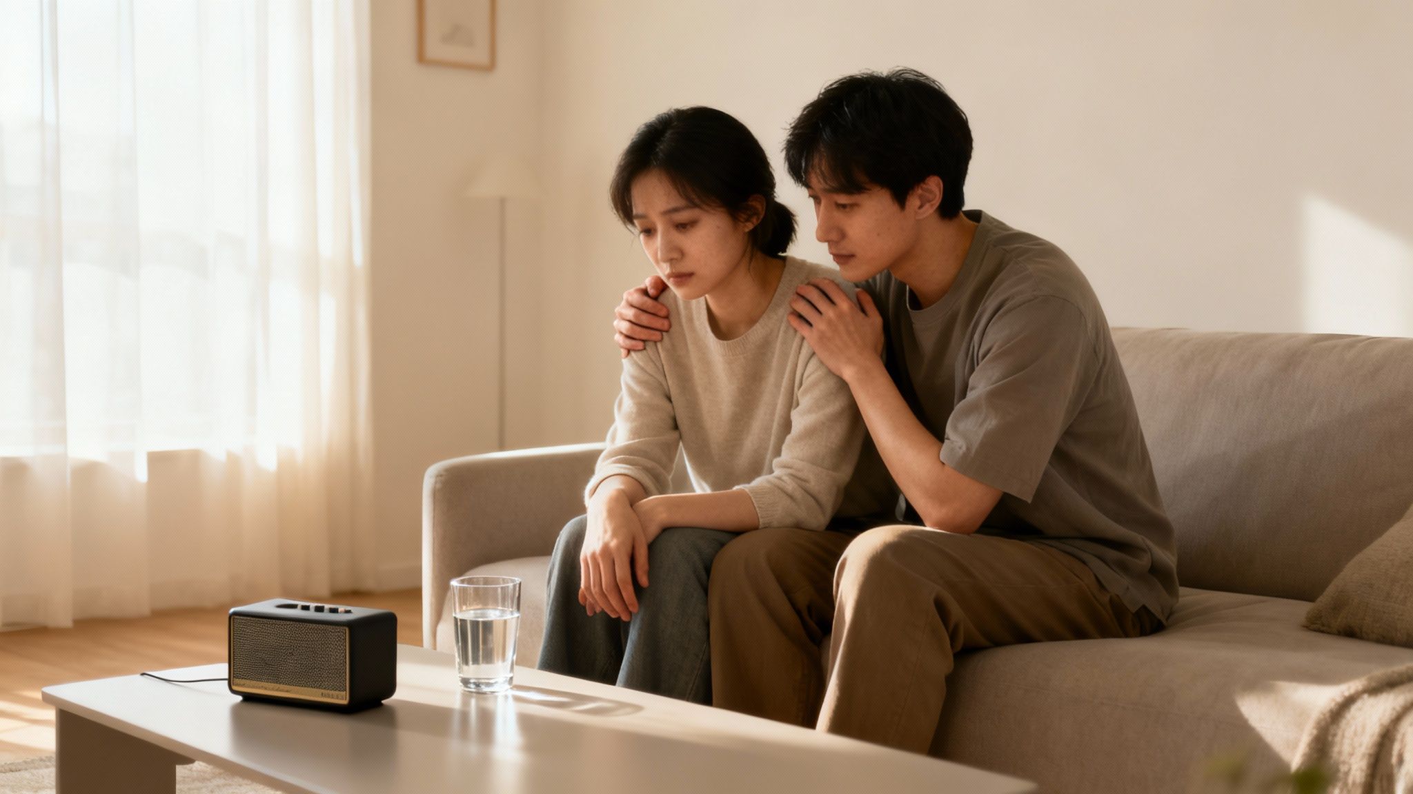 Ein Mann tröstet eine traurige Frau auf einem Sofa in einem hellen Wohnzimmer.