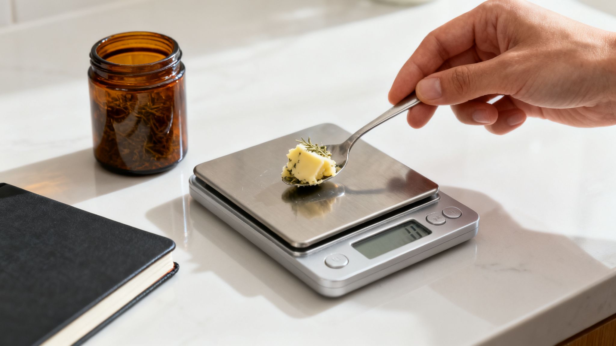 Hand hält Löffel mit Kräuterbutter über Küchenwaage, daneben Glas und Notizbuch.