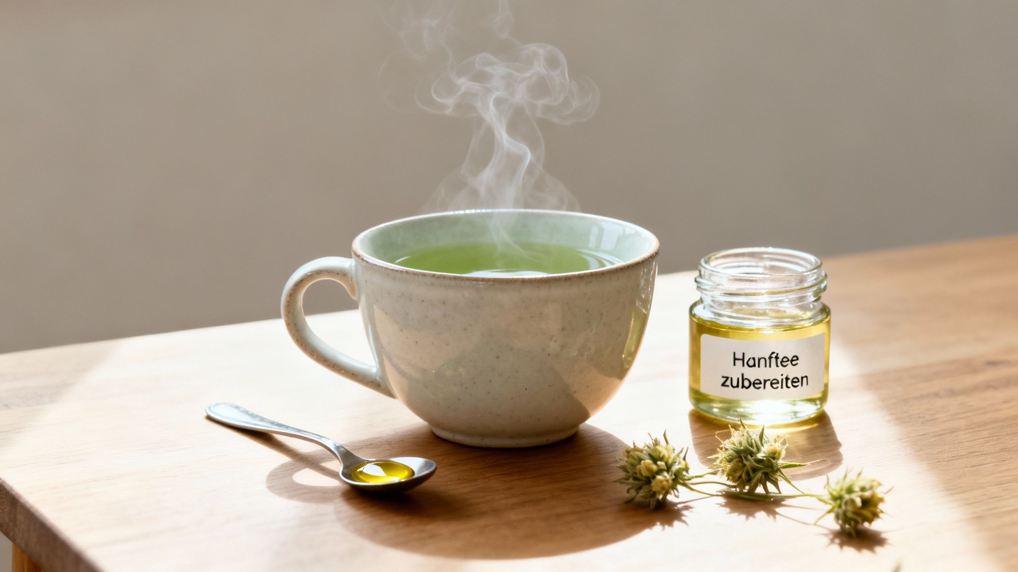 Eine dampfende Tasse Hanf-Tee, Hanföl und getrocknete Hanfblüten auf einem Holztisch.