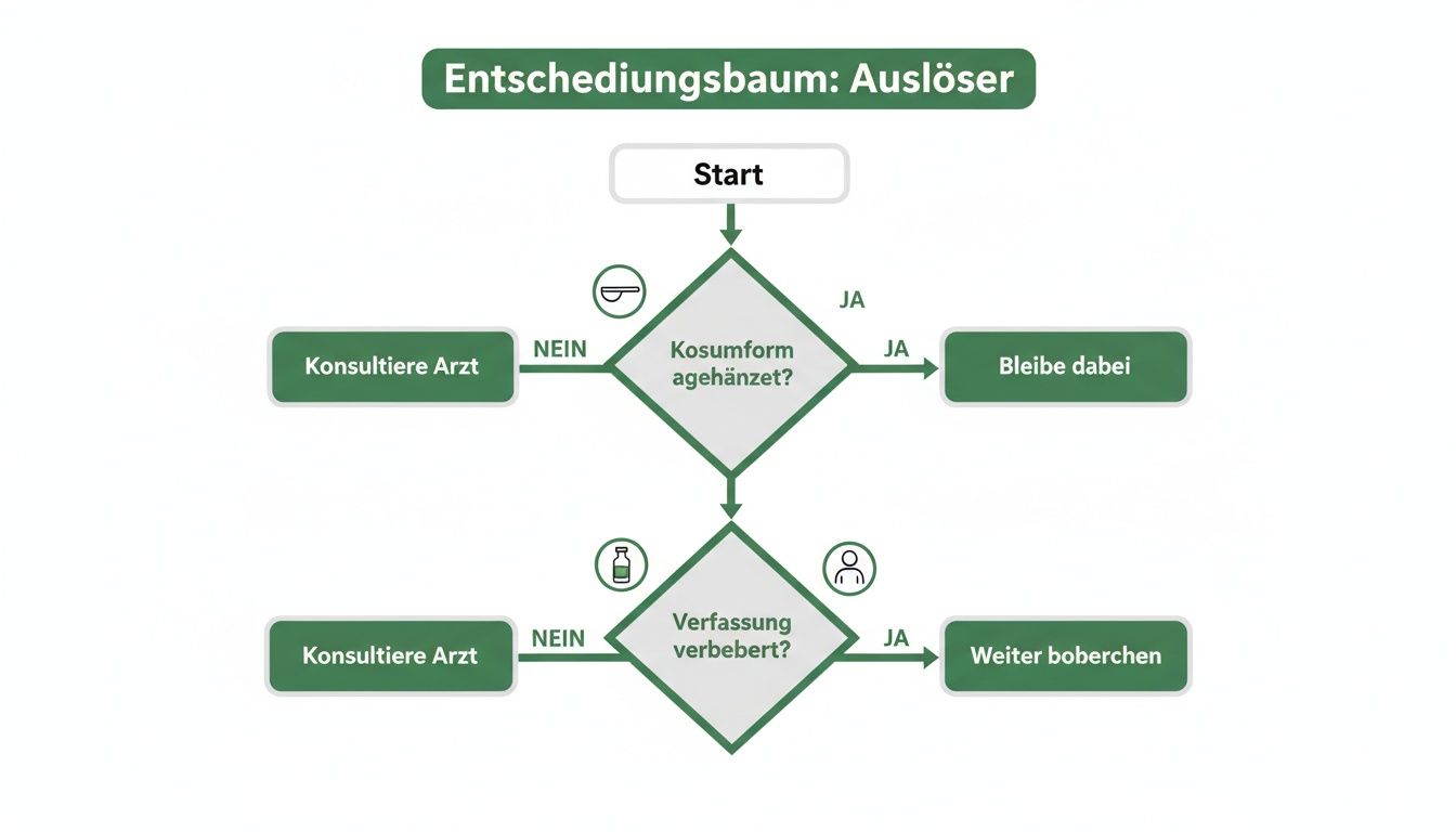 Entscheidungsbaum zur Bewertung von Auslösern mit Fragen zu Konsumform und Verfassung, der zu Arztkonsultation oder Weiterführung führt.