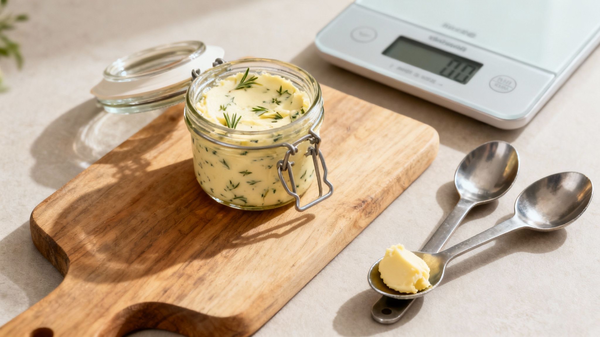 Frische Kräuterbutter in einem Glas auf einem Holzbrett mit Löffeln und Küchenwaage.