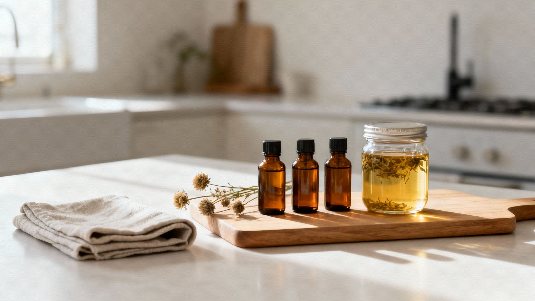 Natürliche Öle und Kräuterinfusionen auf einem Holzbrett in einer hellen, modernen Küche.