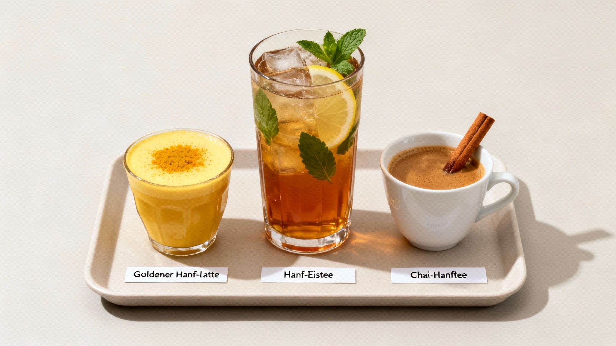 Drei Hanfgetränke auf einem Tablett: Goldener Hanf-Latte, Hanf-Eistee und Chai-Hanf-Tee, alle beschriftet.